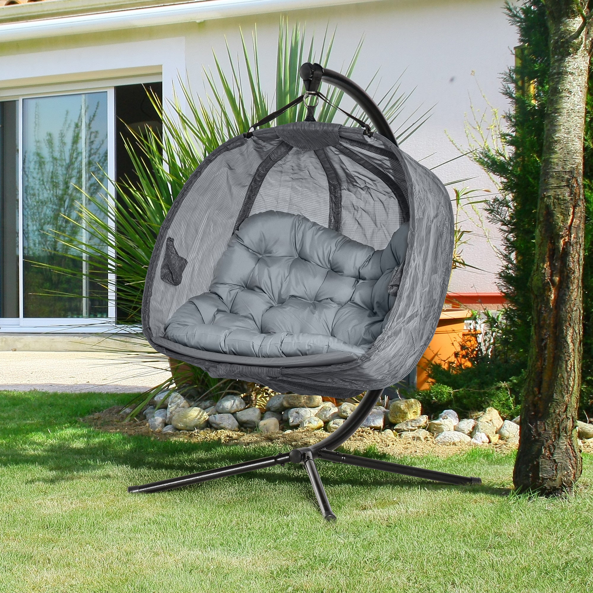 Kozy Double Hanging Egg Chair 2 Seaters Texteline Swing Hammock Chair with Stand, Cushion and Folding Design, for Indoor and Outdoor, Grey