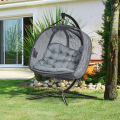 Kozy Double Hanging Egg Chair 2 Seaters Texteline Swing Hammock Chair with Stand, Cushion and Folding Design, for Indoor and Outdoor, Grey