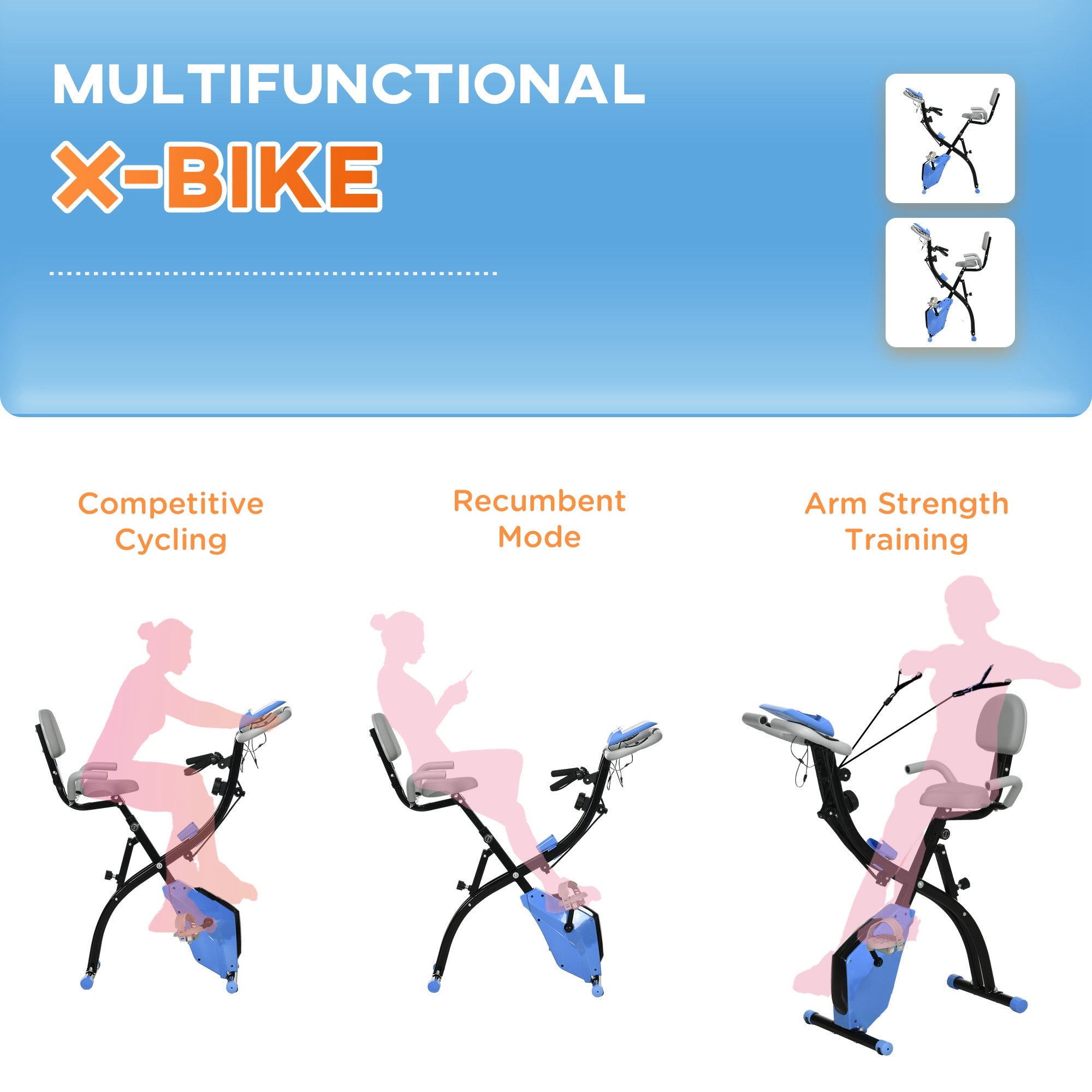 Kozy 2-in-1 Folding Exercise Bike with 8-Level Magnetic Resistance, Arm Resistance Band, Pulse Sensor, Blue