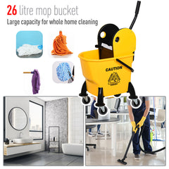 HOMCOM 26L Mop Bucket & Water Wringer w/ 4 Wheels Plastic Body Metal Handle Pole Holder Home Commercial Cleaning Floor Cart Yellow