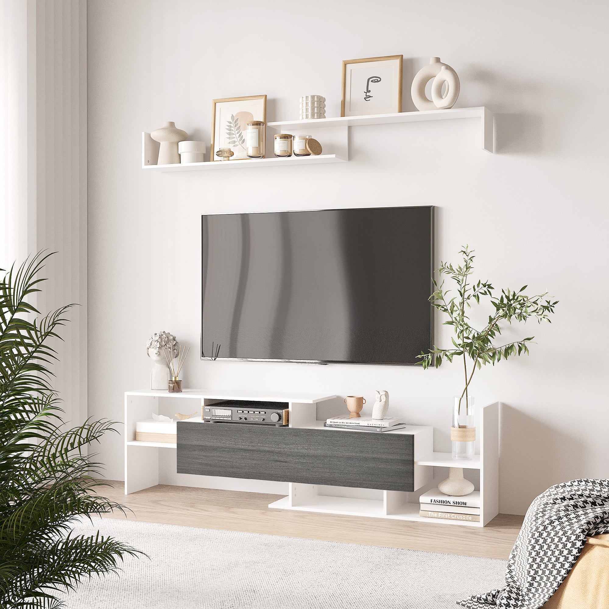Kozy TV Cabinet with Wall Shelf for Wall-Mounted 65" TVs or Standing 40" TVs - White and Natural
