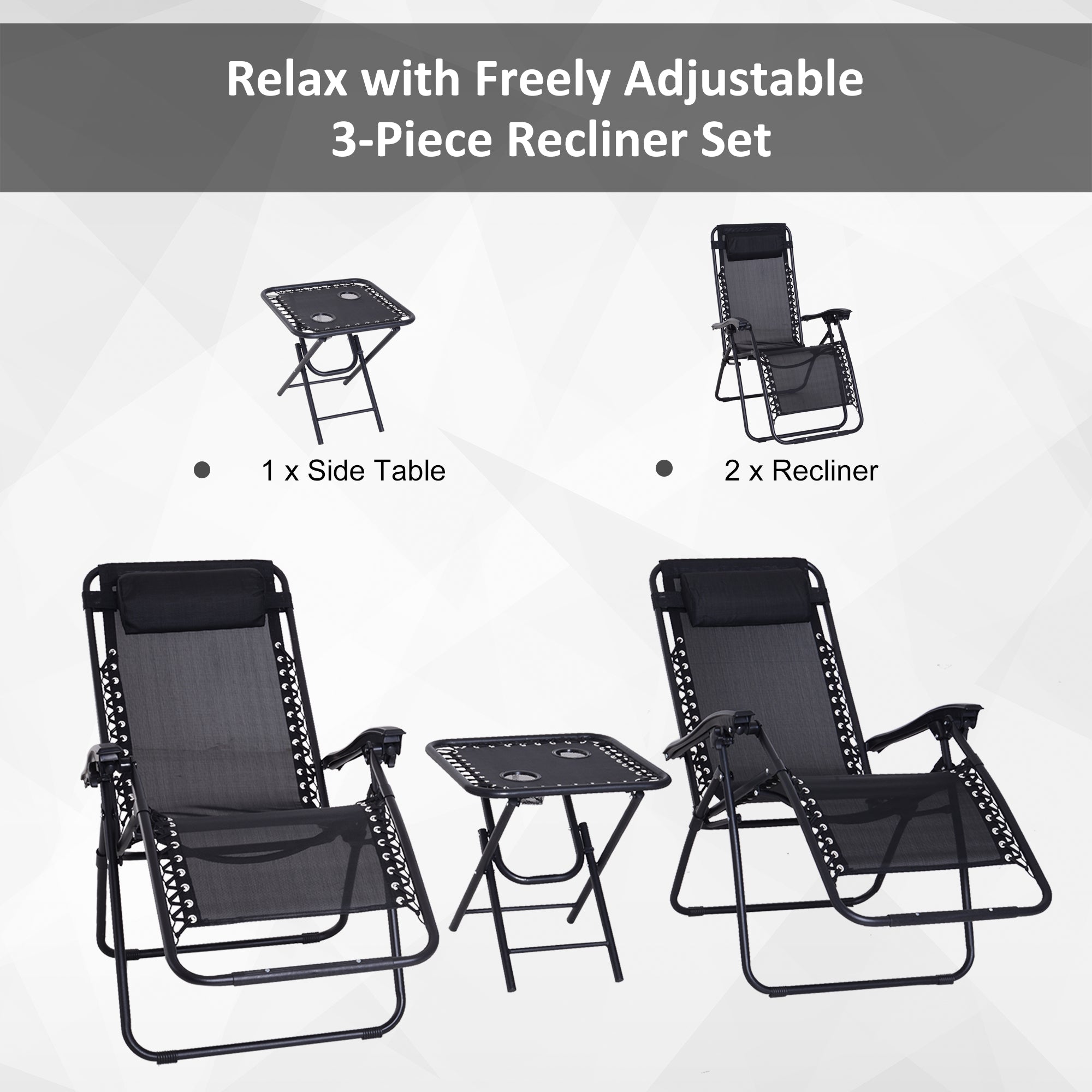 Outsunny 3pcs Folding Zero Gravity Chairs Sun Lounger Table Set w/ Cup Holders Reclining Garden Yard Pool, Black