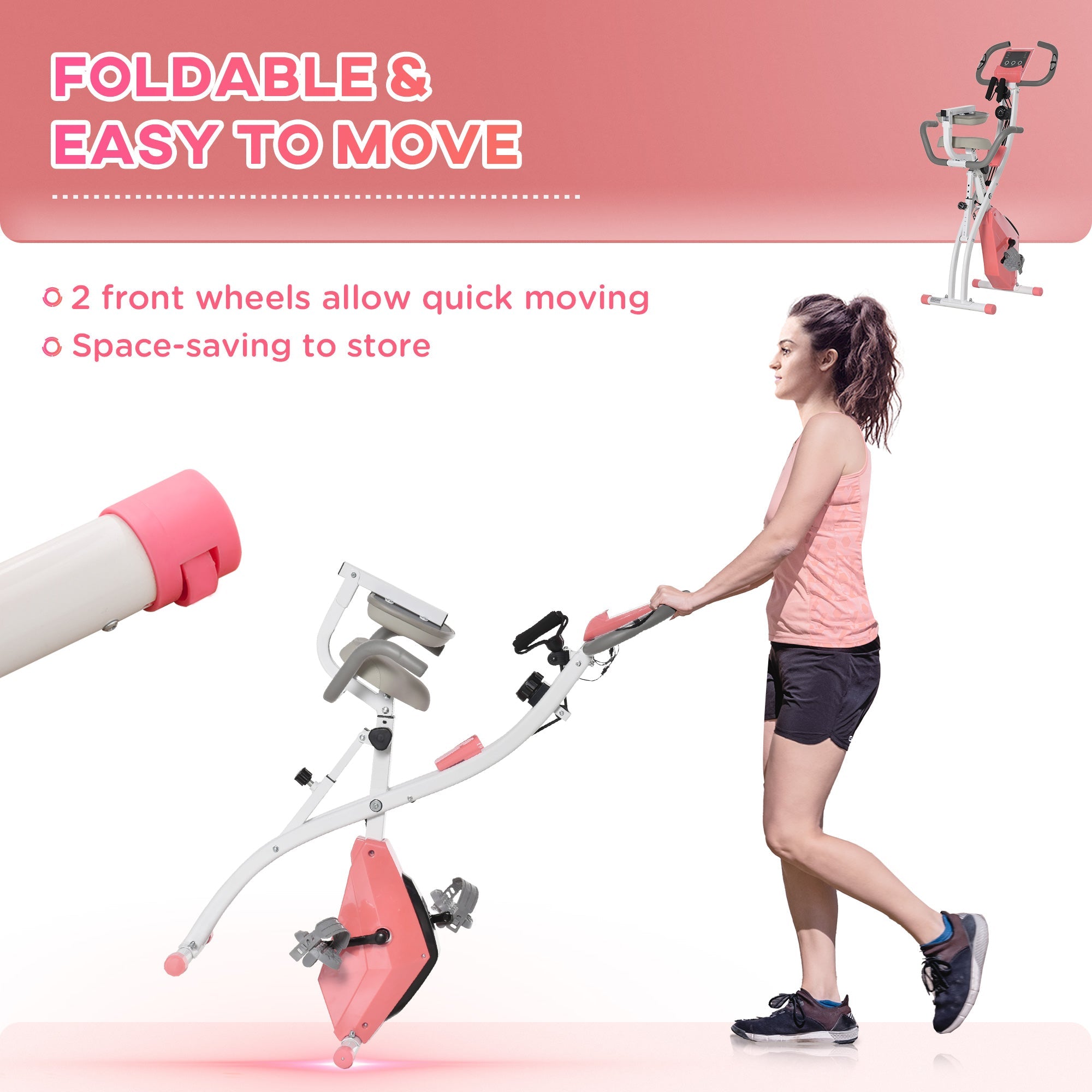 HOMCOM 2-in-1 Upright Exercise Bike Stationary Foldable Magnetic Recumbent Cycling with Arm Resistance Bands Pink | Aosom UK