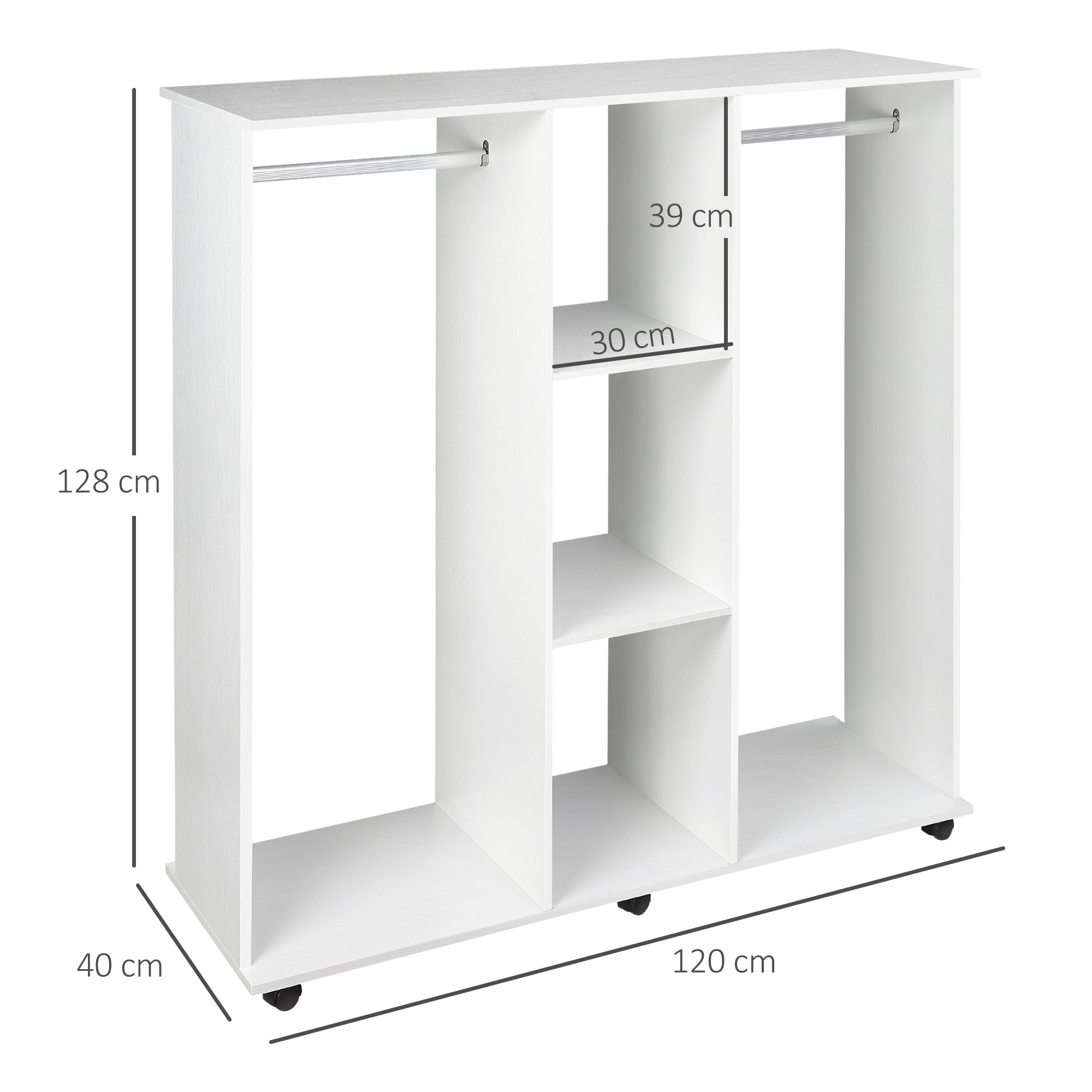 Kozy Open Wardrobe Double Mobile Storage Shelves Organizer W/6 Wheels-White