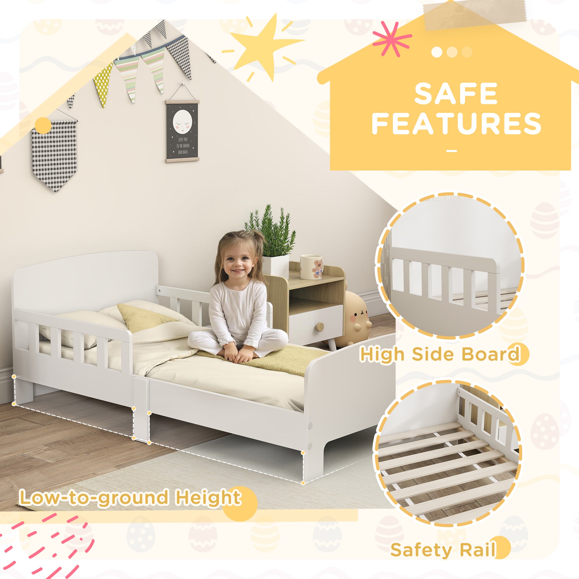 Kozy Toddler Bed, Kids Bed Frame with Safety Side Rails, Kids Bedroom Furniture for Ages 3-8 Years, White