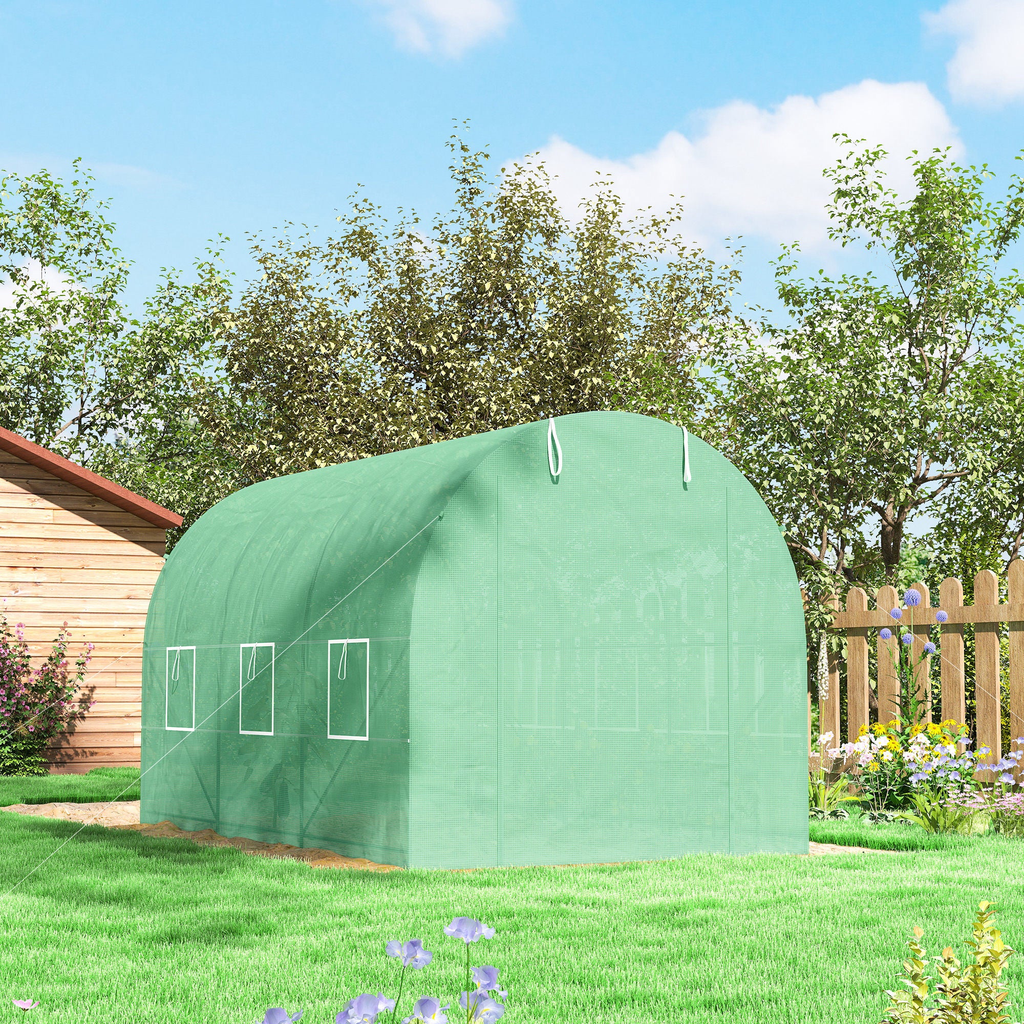 Kozy 3.5 x 2m Walk-In Polytunnel Greenhouse, with Steel Frame, PE Cover, Roll-Up Door and 6 Windows, Green