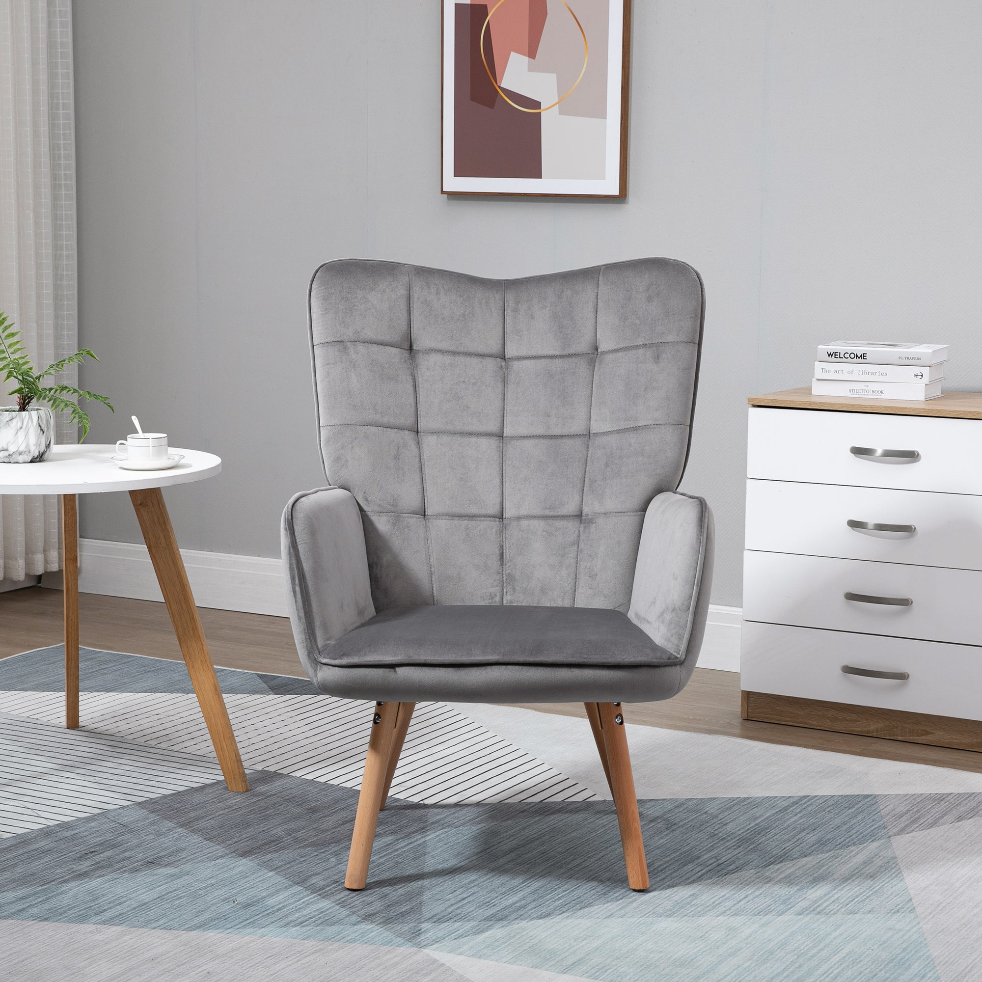 Kozy Modern Accent Chair, Upholstered Tufted Wingback Armchair with Seat Padding, Velvet Leisure Lounge Bedroom Chair with Wood Legs, Grey