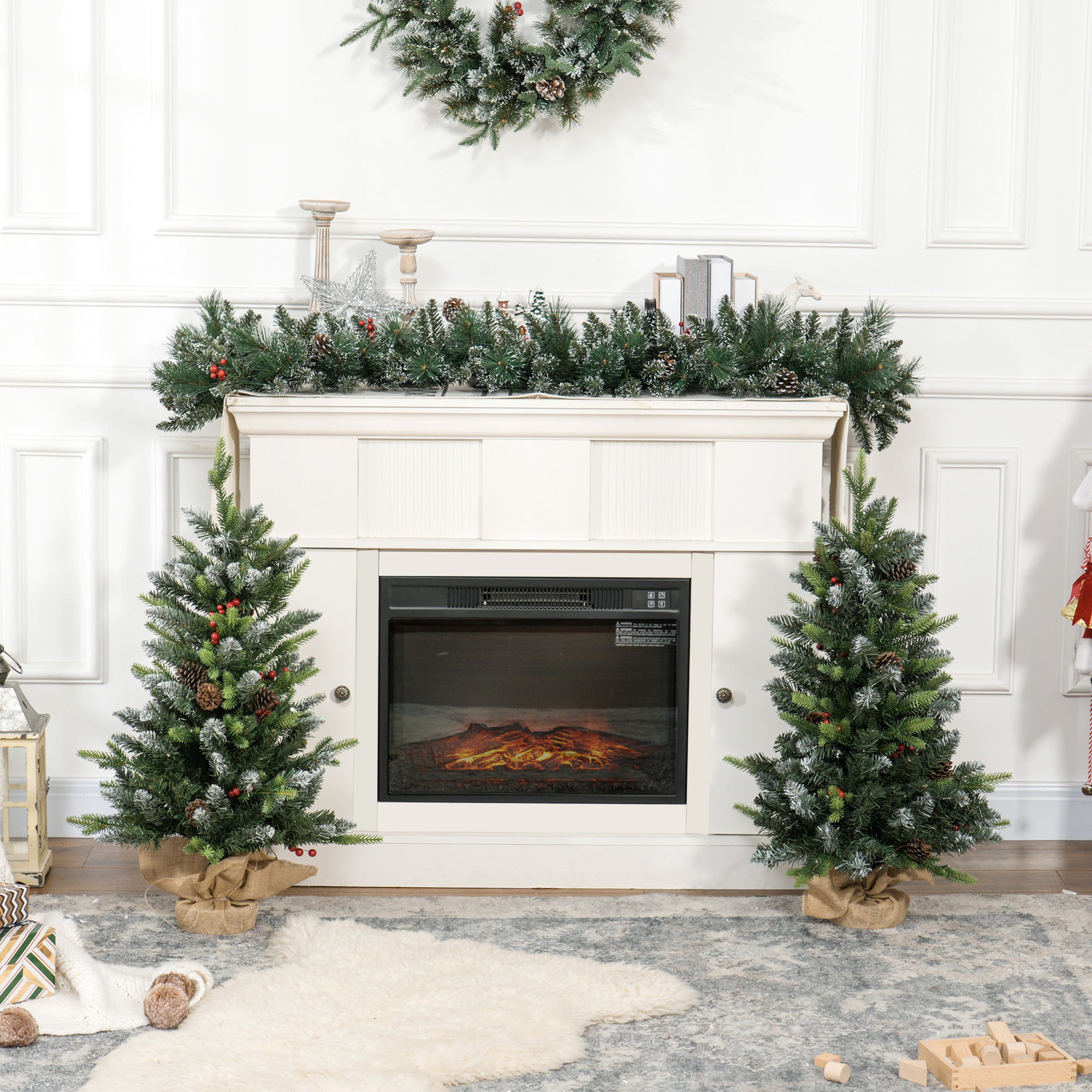 Kozy - Set of Two 3ft Christmas Trees, with Lights, Berries and Pinecones