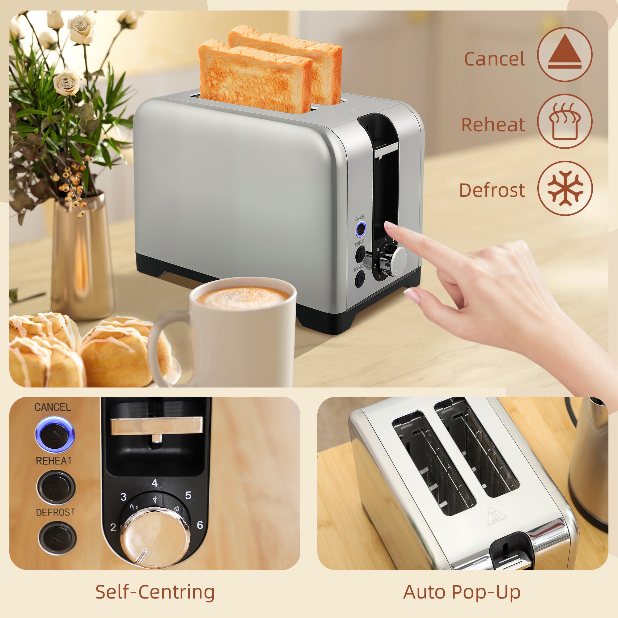 Kozy - Simple Polished Toaster and Kettle Set - Silver Tone