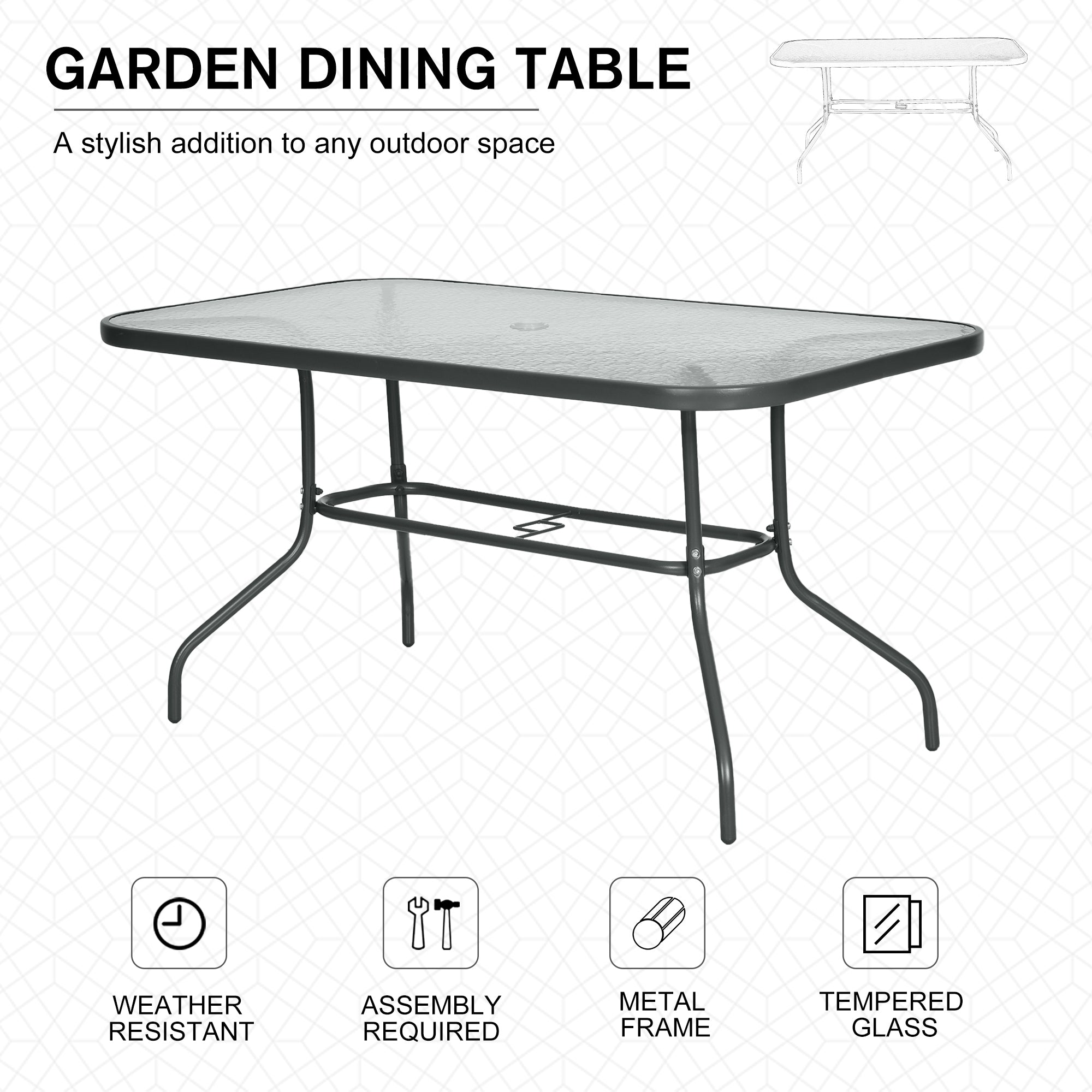 Kozy Garden Dining Table Glass Top Metal Frame with Parasol Hole Outdoor Balcony Grey 140L x 80Wcm