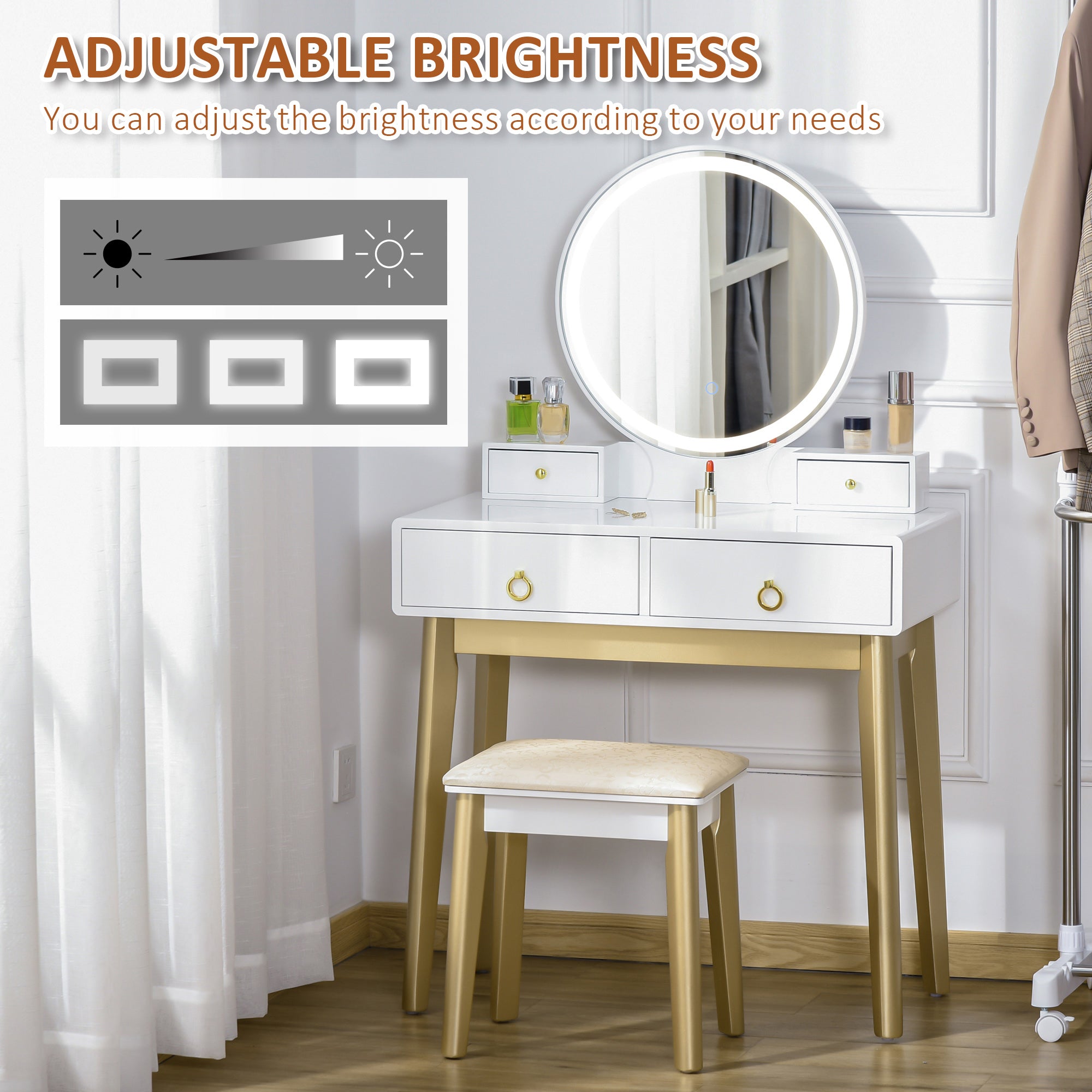 Kozy Dressing Table Set with Mirror, Built-in 3 Color LED Light, Vanity Makeup Table with 4 Drawers and Cushioned Stool for Bedroom, White