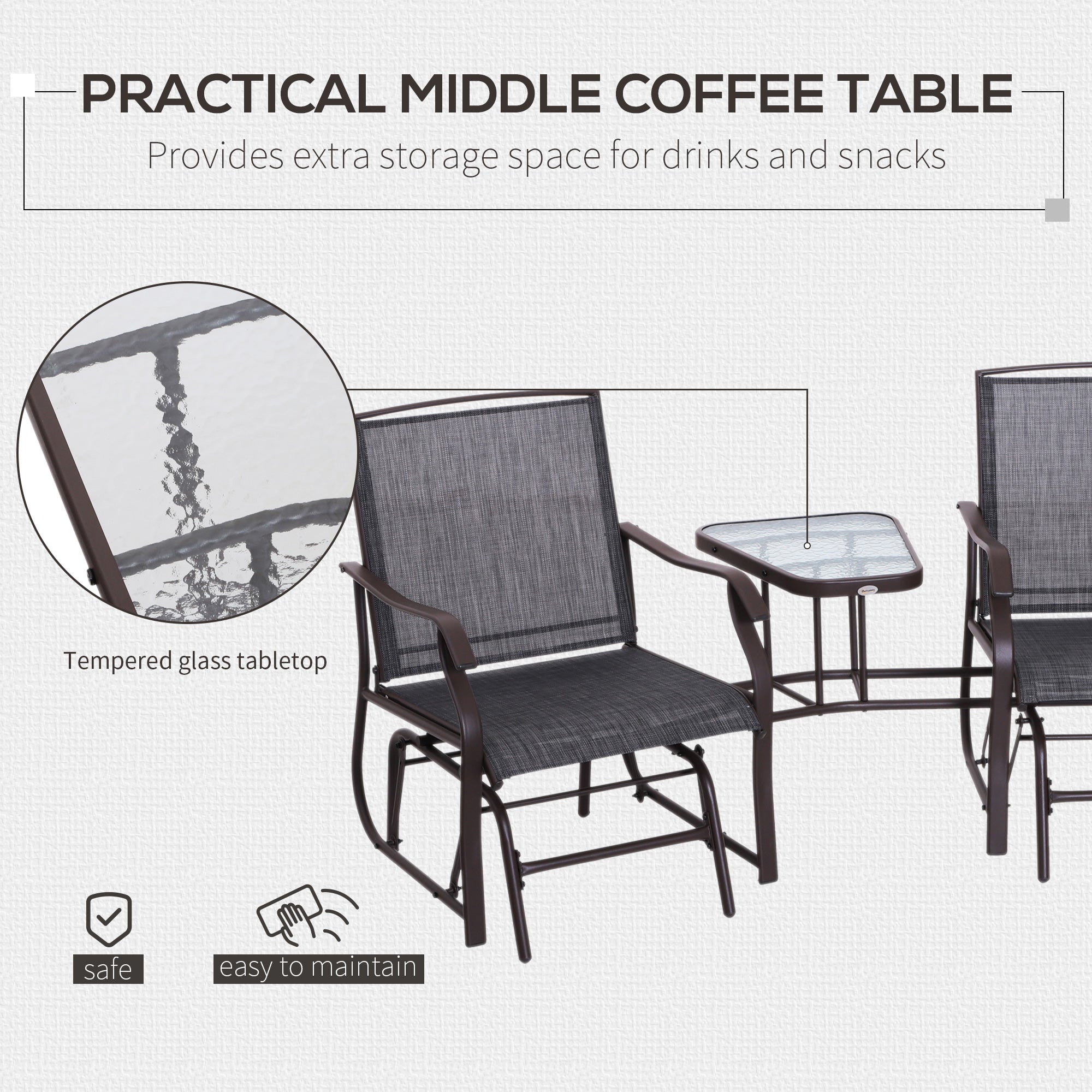 Outsunny Garden Double Glider Rocking Chairs Gliding Love Seat with Middle Table Conversation Set Patio Backyard Relax Outdoor Furniture Grey