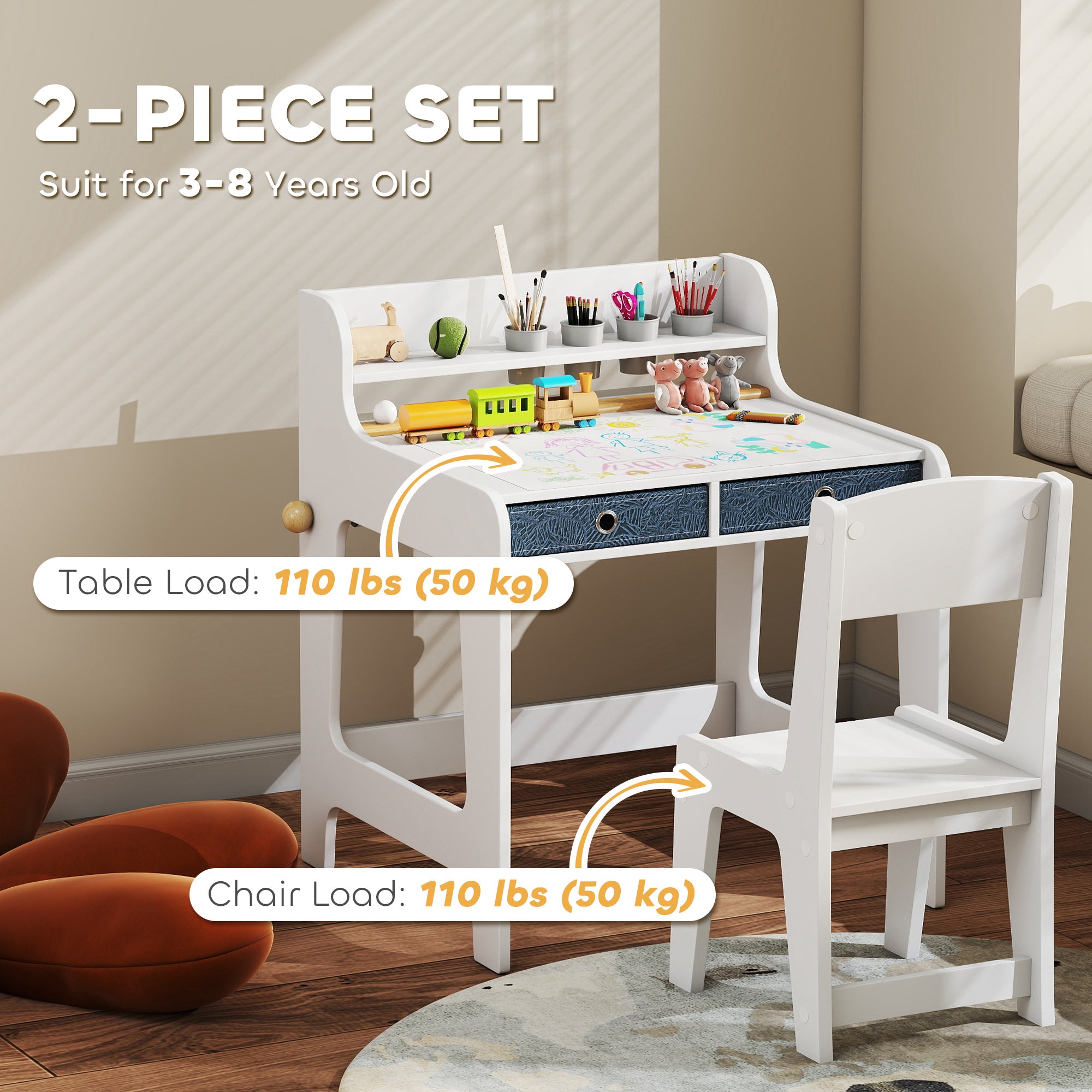 AIYAPLAY Art Table and Chair Set for children, Kids Art Desk and Chair Set with Storage Shelf and Drawers