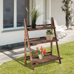 Outsunny Wooden 3 Tier Folding Flower Pot Stand, Garden Planter Display Ladder, Herb Rack, Natural | Aosom UK