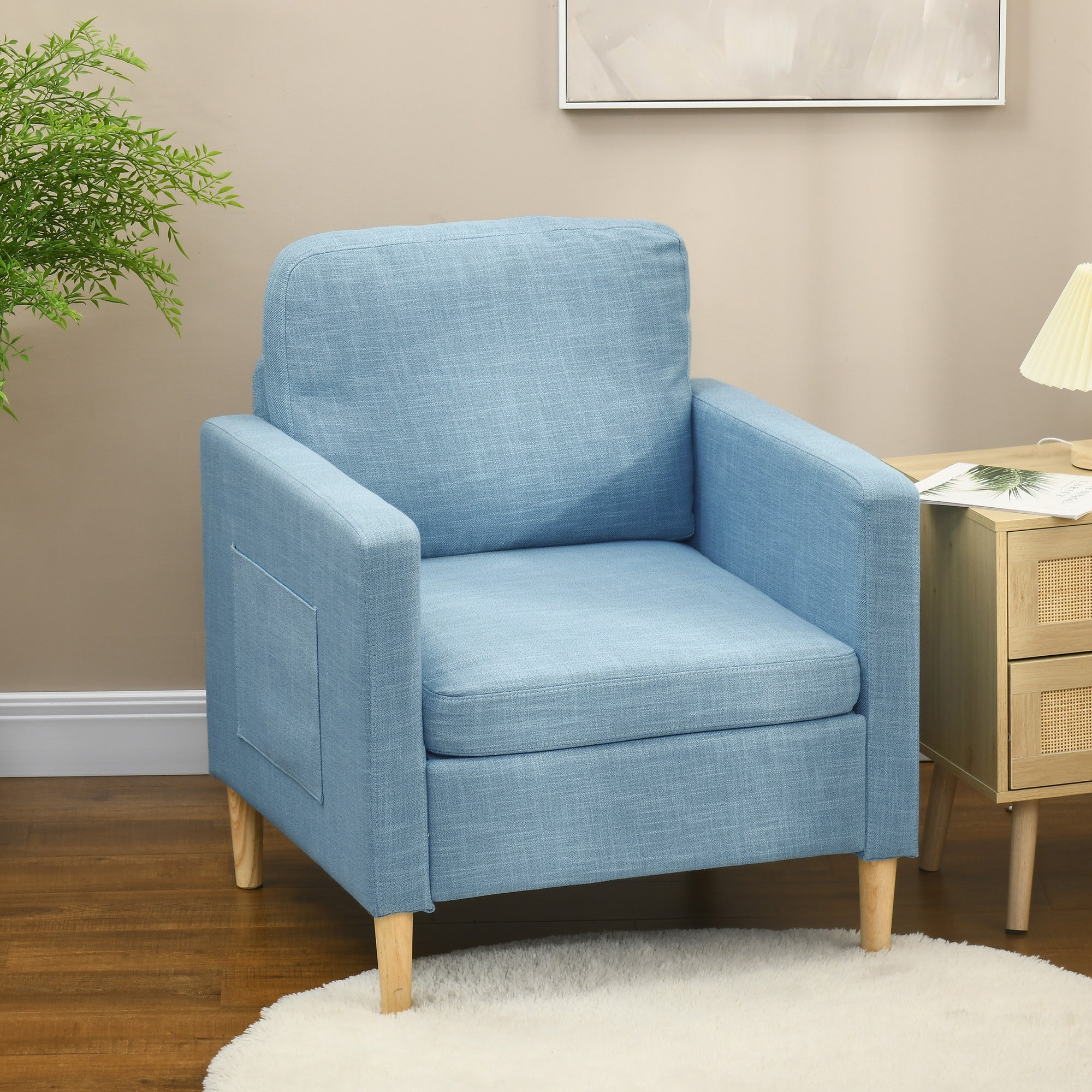 HOMCOM Modern Accent Chair, Comfy Fireside Chair, Upholstered Armchair for Living Room, Bedroom, Home Office, Light Blue