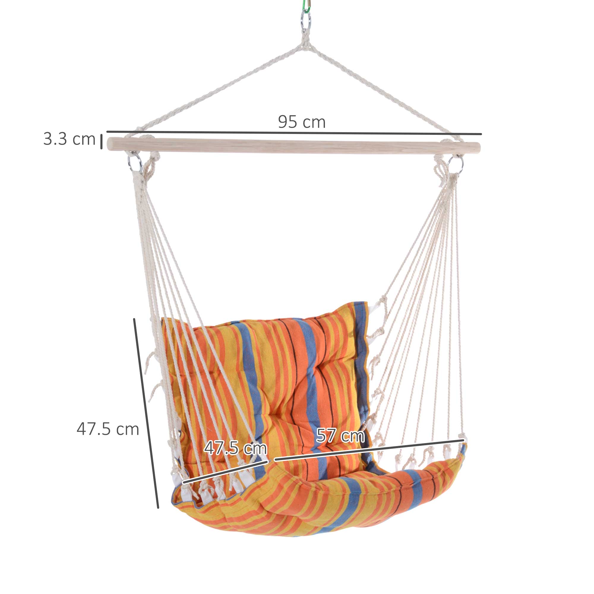 Kozy Outdoor Hanging Rope Chair with Soft Padded Seat & Backrest, Garden Hammock Chair with Wooden Support Bar Cotton Cloth, Portable Garden Chair for Patio & Tree, Orange
