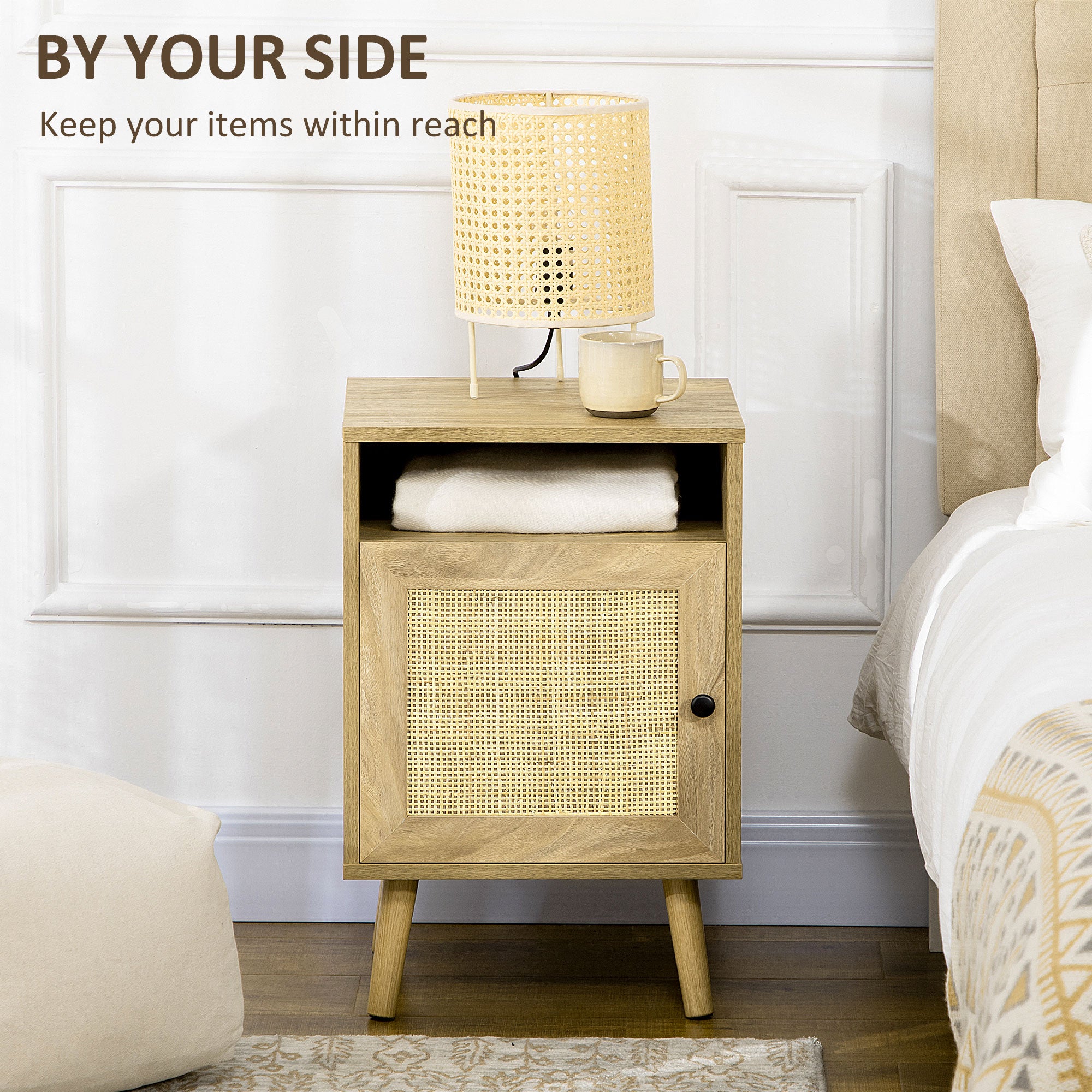 Kozy Bedside Table with Rattan Element, Side End Table with Shelf and Cupboard, 39cmx35cmx60cm, Natural