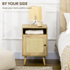 Kozy Bedside Table with Rattan Element, Side End Table with Shelf and Cupboard, 39cmx35cmx60cm, Natural