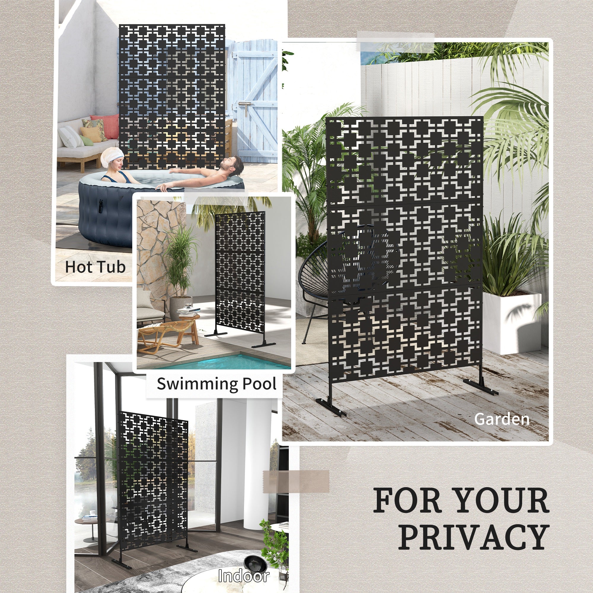 Kozy Metal Decorative Privacy Screen Outdoor Divider, Black Grid