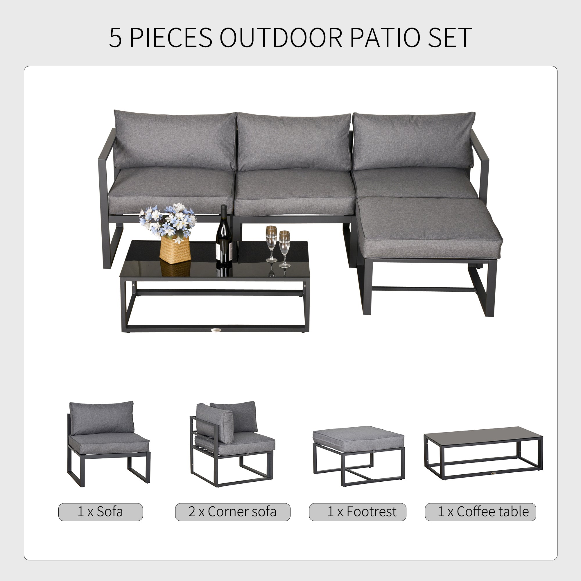 Kozy 5 Pieces Outdoor Patio Furniture Set, Sofa Couch with Glass Coffee Table, Cushioned Chairs and Aluminum Tube, for Balcony Garden Backyard, Grey