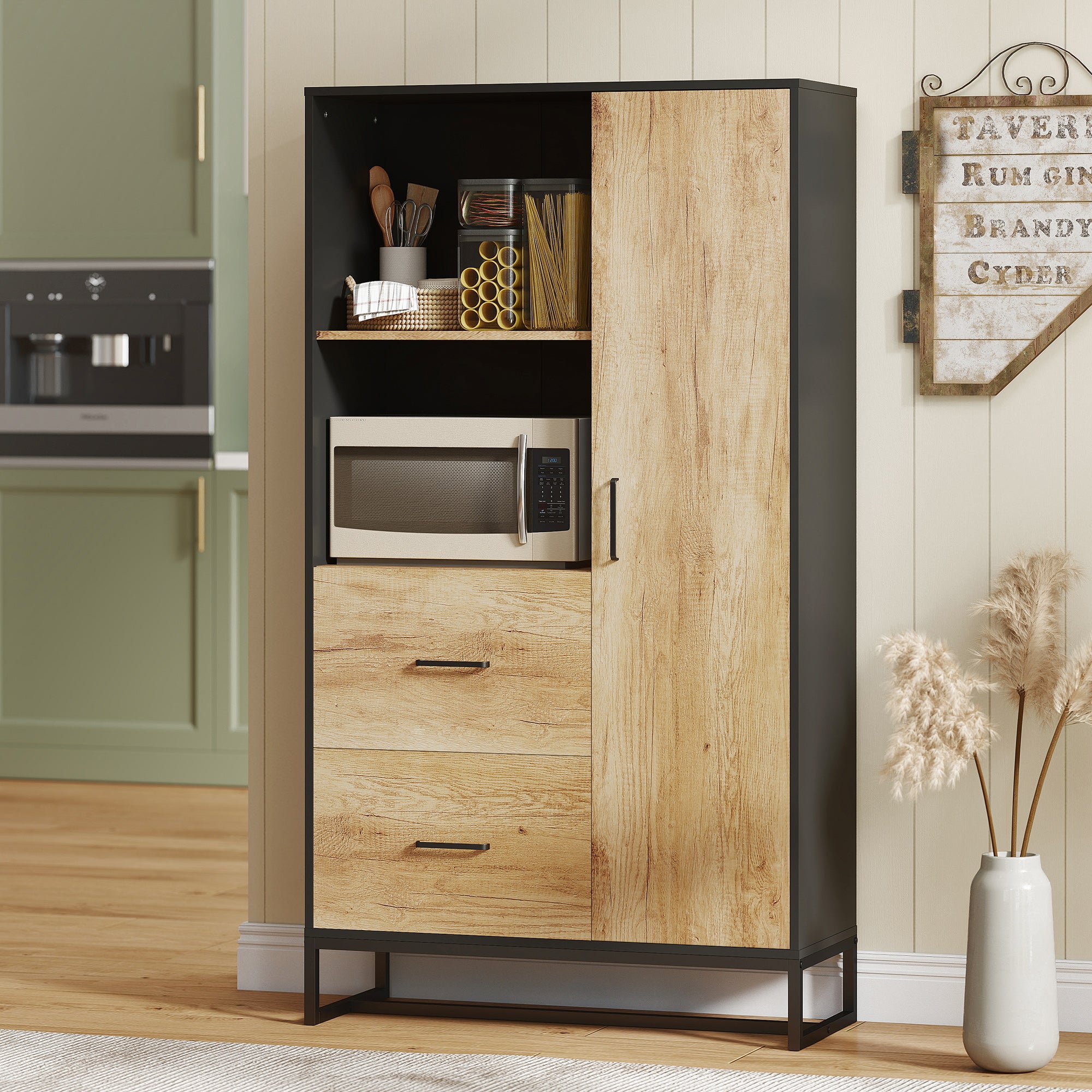 Kozy Tall Kitchen Cupboard, Freestanding Kitchen Pantry Cabinet with Adjustable Shelves, Drawers and Soft Close Door, 160cm