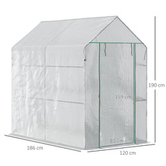 Kozy Walk In Greenhouse with 2-Tier Shelves, Roll up Zip Panel Door, Garden Polytunnel Steeple Grow House for Outdoor, 6 x 4 x 6ft White