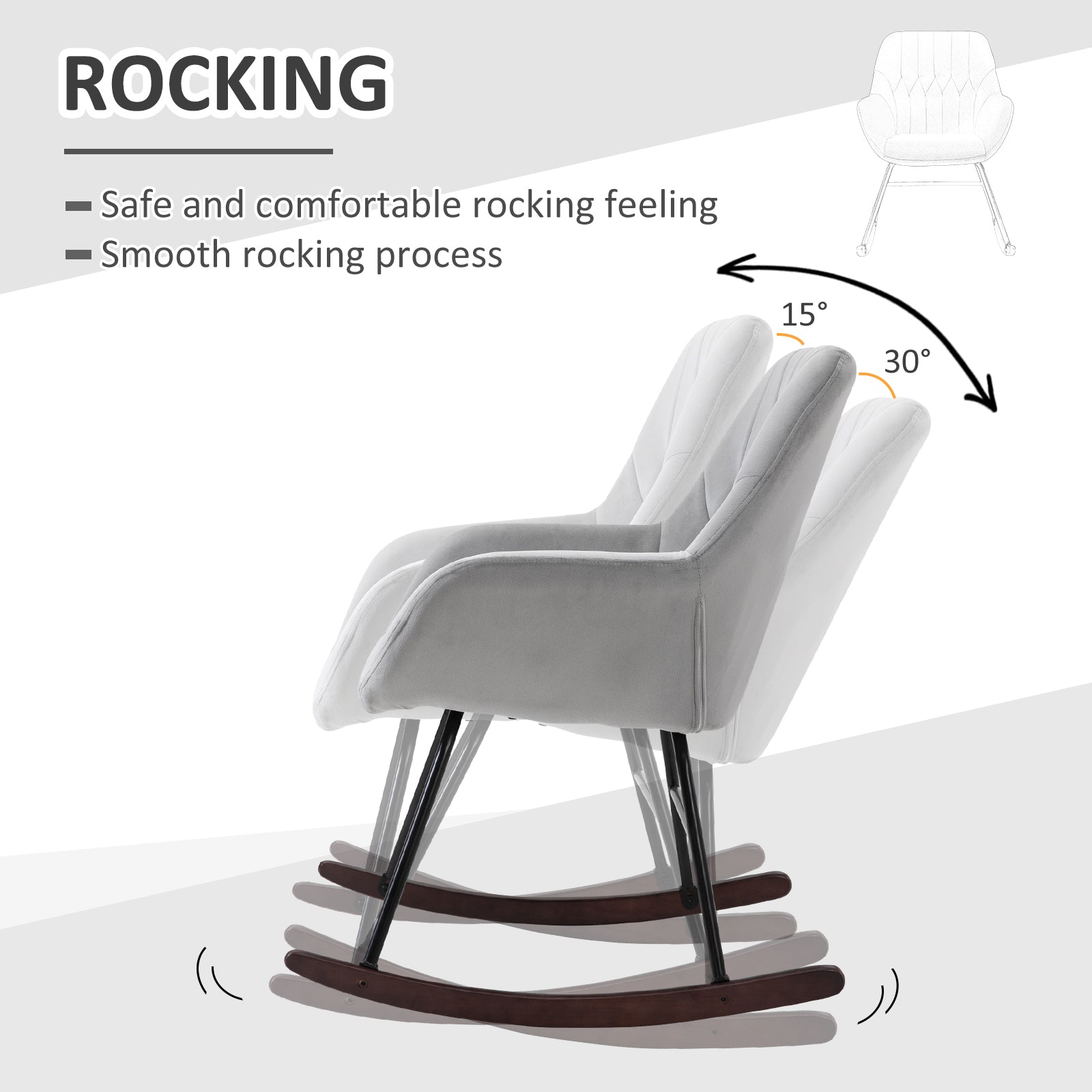 HOMCOM Rocking Chair Reading Accent Armchair with Steel Frame Sponge Padded for Living Room, Dining Room, Office, Balcony, Grey and Black | Aosom UK