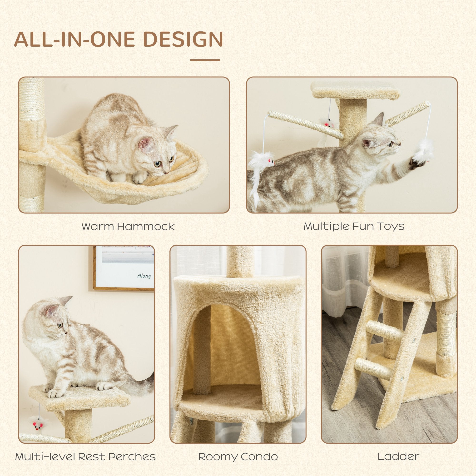 PawHut Deluxe Cat Tree House, 131cm Tall, with Scratching Posts and Cosy Perches, Sturdy Beige