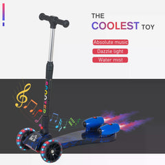 HOMCOM Kids 3 Wheel Kick Scooter Adjustable Height w/ Flashing Wheels Music Water Spray Foldable Design Cool On Off Road Vehicle Blue