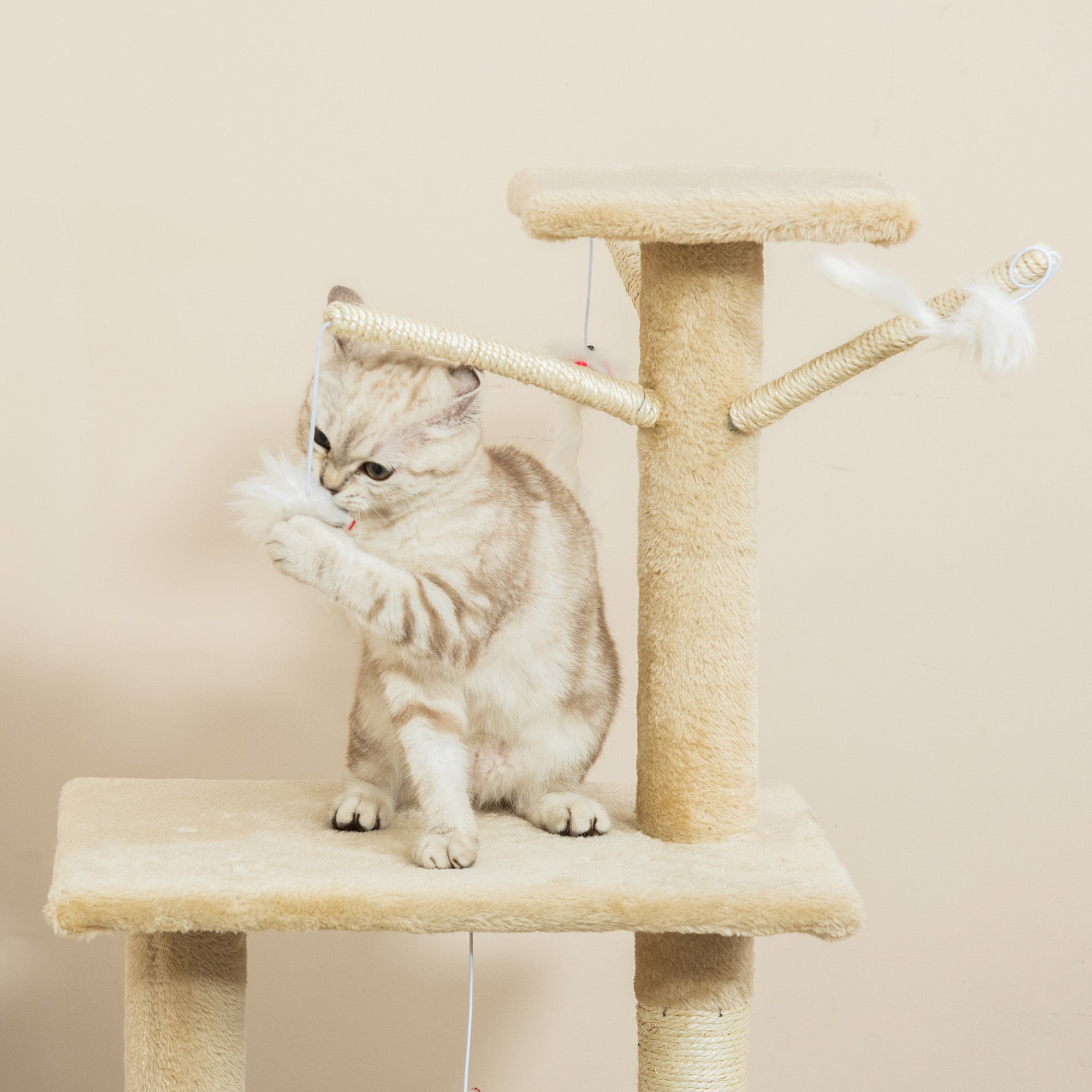 PawHut Deluxe Cat Tree House, 131cm Tall, with Scratching Posts and Cosy Perches, Sturdy Beige