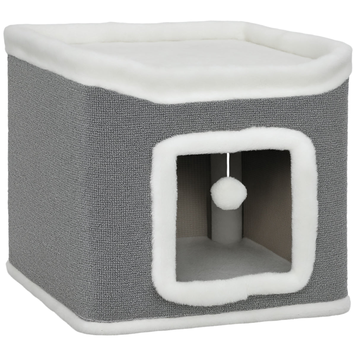 Kozy Cat House for Indoor Kittens, 2-Level Cat Cave Bed with Fluffy Balls, Top Bed, Kitten Barrel for Multi Kitties, Grey