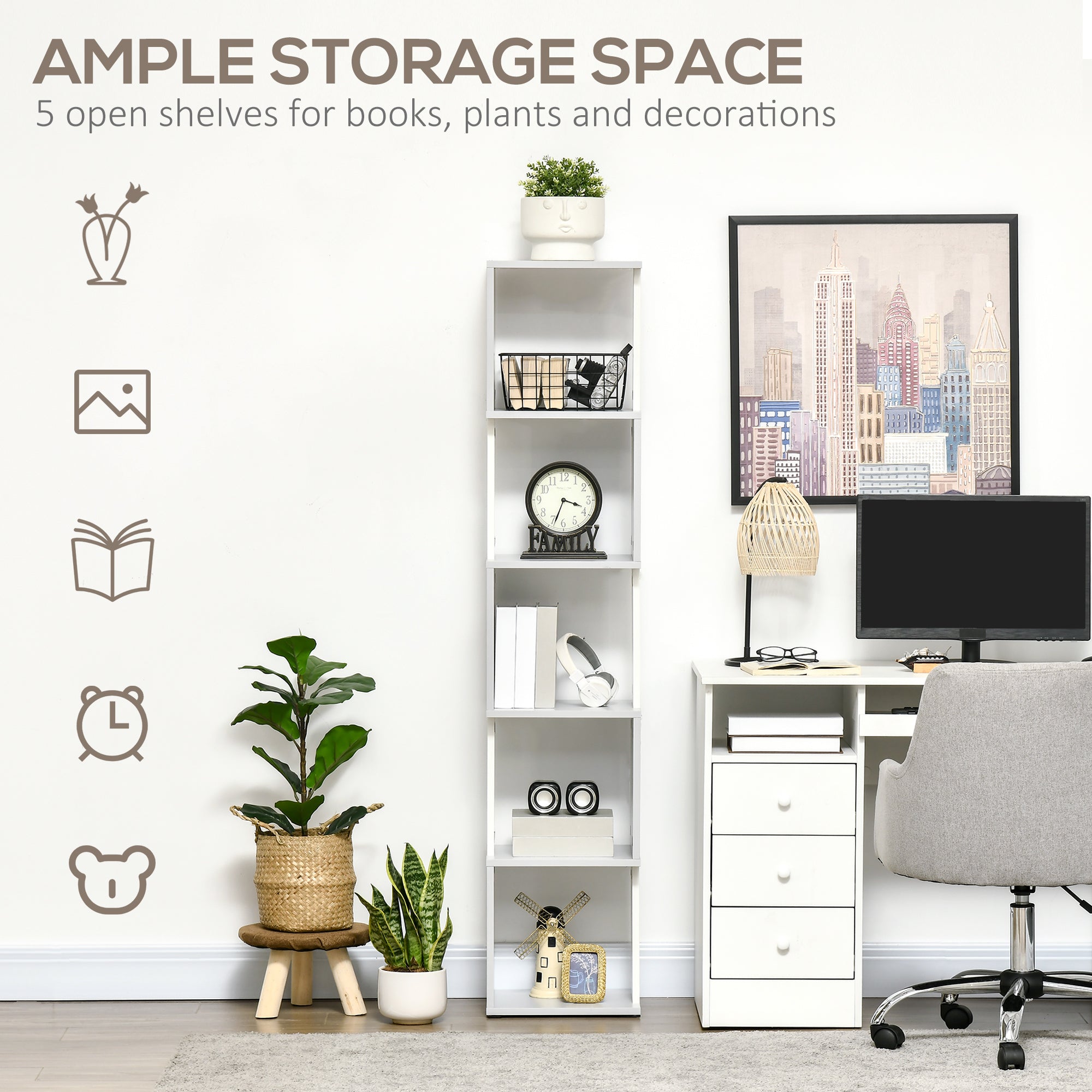 HOMCOM Modern 5-Tier Bookshelf, Freestanding Bookcase Storage Shelving for Living Room Home Office Study, Light Grey | Aosom UK