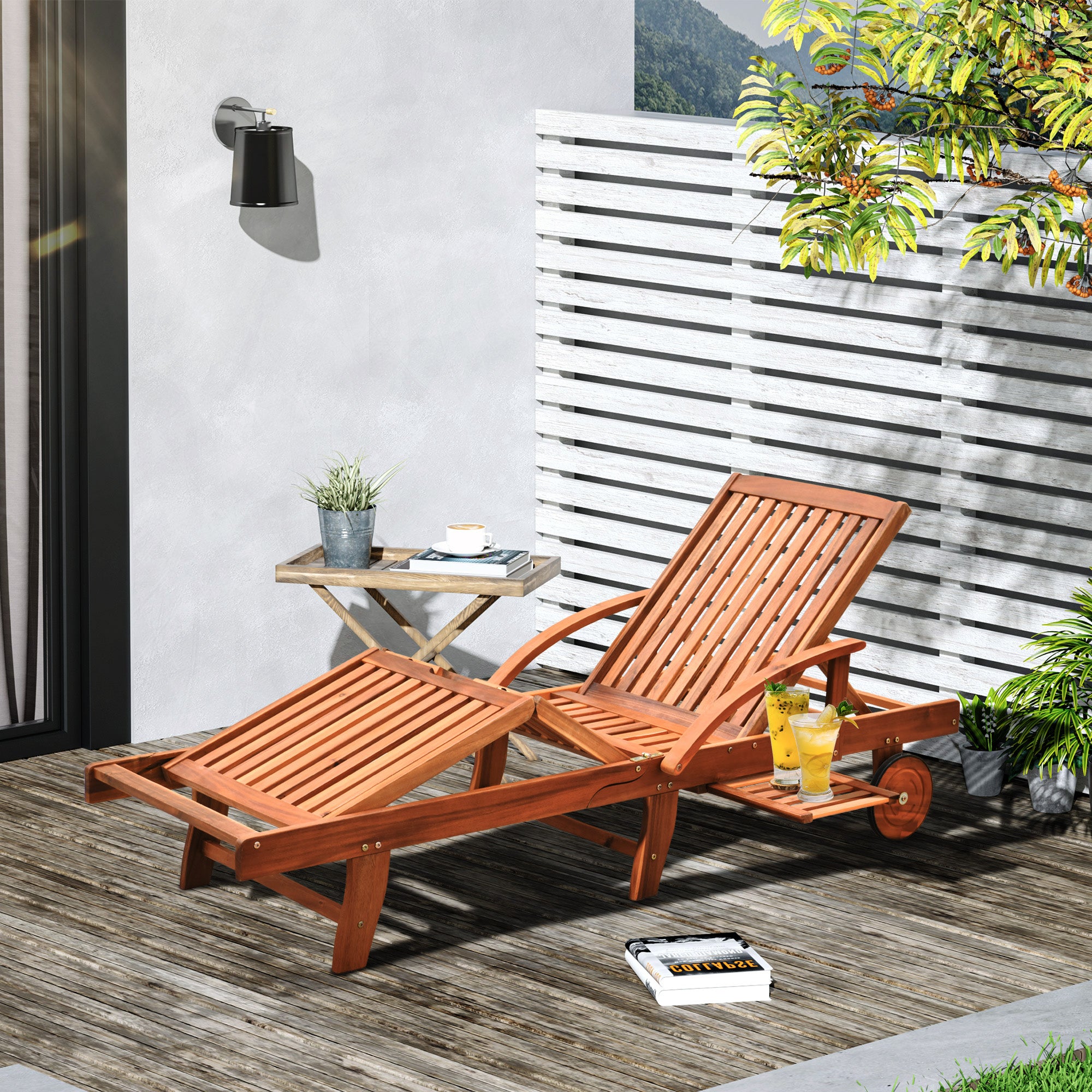 Kozy Folding Wooden Sun Lounger, 4-Level Adjustable Garden Lounger Recliner with Side Tray and Wheels, Outdoor Reclining Sunbed with Slatted Seat and Armrests for Patio, Terrace, Teak