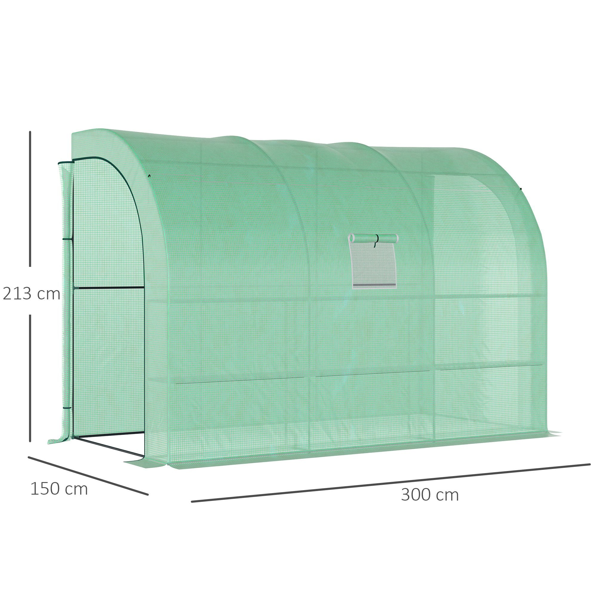 Kozy Walk-In Lean to Greenhouse with Windows and Zippered Doors, 2 Tiers 6 Wired Shelves 300L x 150W x 213Hcm Green