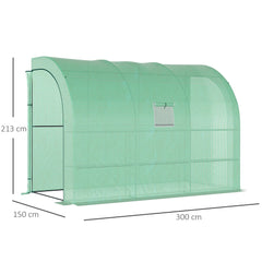 Kozy Walk-In Lean to Greenhouse with Windows and Zippered Doors, 2 Tiers 6 Wired Shelves 300L x 150W x 213Hcm Green