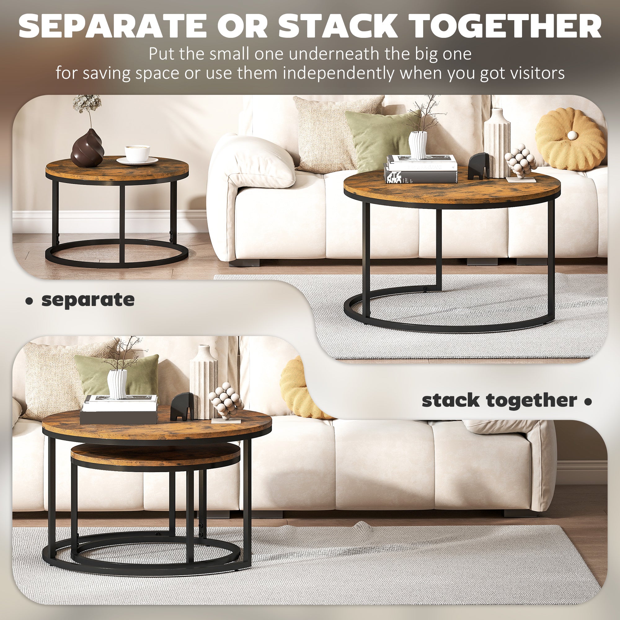 Kozy - Set of Two Wood-Effect Stacking Tables - Rustic Brown