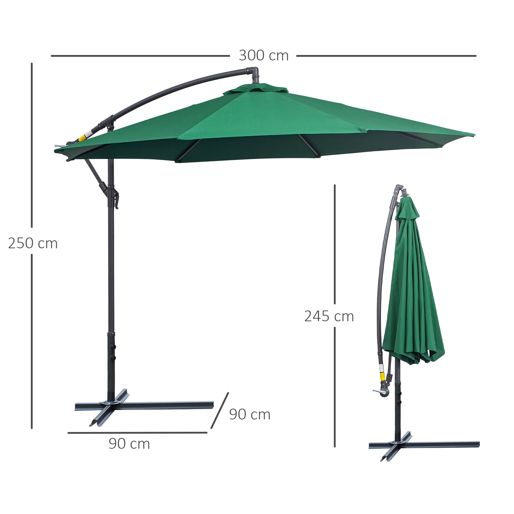Outsunny Waterproof Banana Cantilever Parasol: 3m Hanging Umbrella with Crank & Cross Base, Outdoor Sun Shelter, Verdant Green | Aosom UK