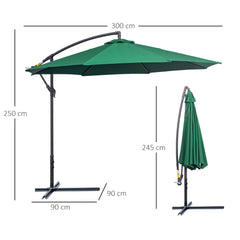 Outsunny Waterproof Banana Cantilever Parasol: 3m Hanging Umbrella with Crank & Cross Base, Outdoor Sun Shelter, Verdant Green | Aosom UK