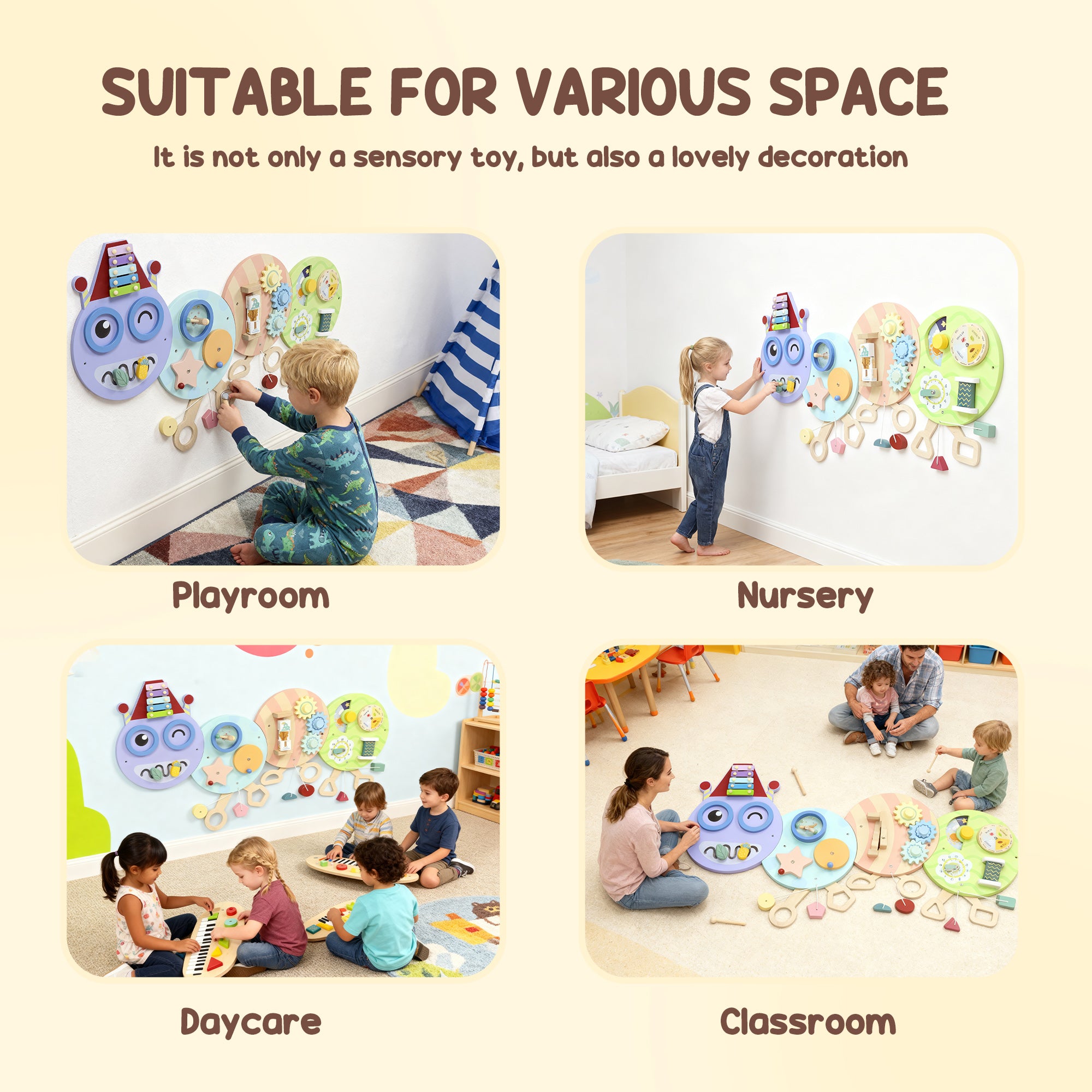 Kozy Caterpillar Busy Board with 7 Activities, for Nursery, Playroom, Home, for 3+ Years