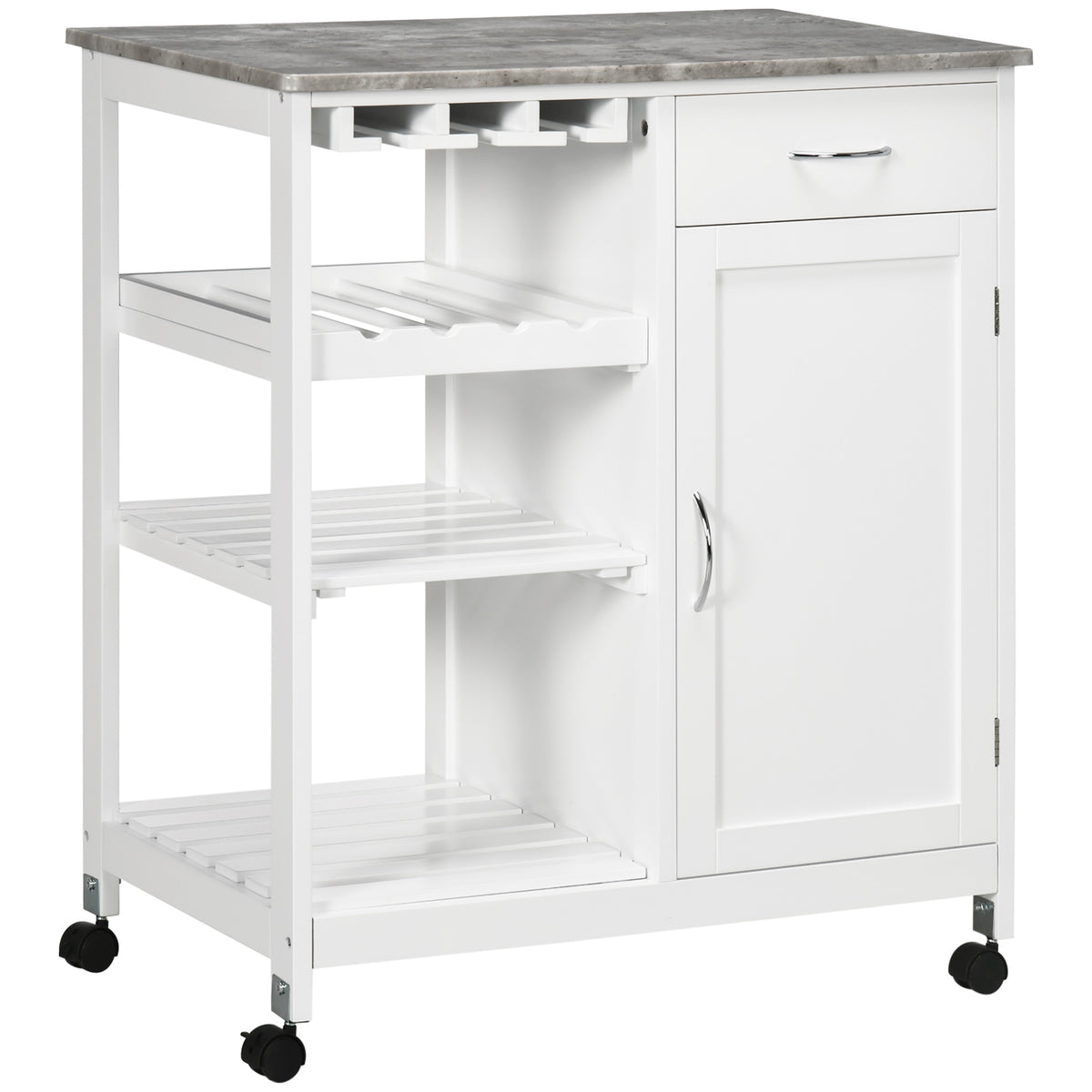 Kozy Compact Kitchen Trolley Utility Cart on Wheels with Wine Rack, Drawer, Open Shelf and Storage Cabinet for Dining Room, White