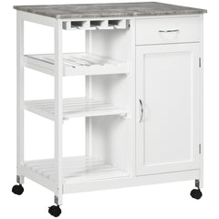 Kozy Compact Kitchen Trolley Utility Cart on Wheels with Wine Rack, Drawer, Open Shelf and Storage Cabinet for Dining Room, White