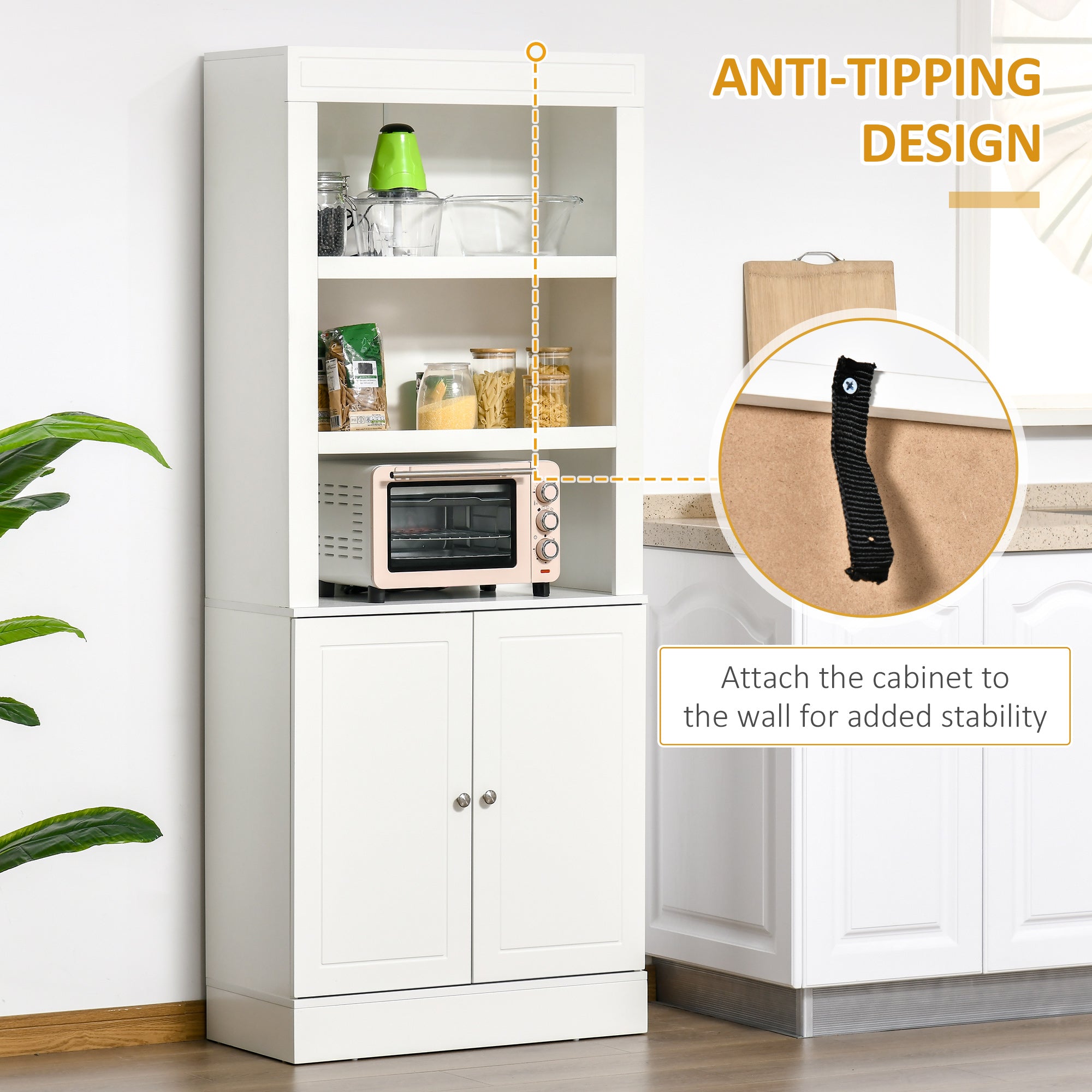 HOMCOM Kitchen Storage Cabinets with 6-tier Shelving, Kitchen Cupboard, Kitchen Larder with 3 Open Compartments and Double-door, White | Aosom UK