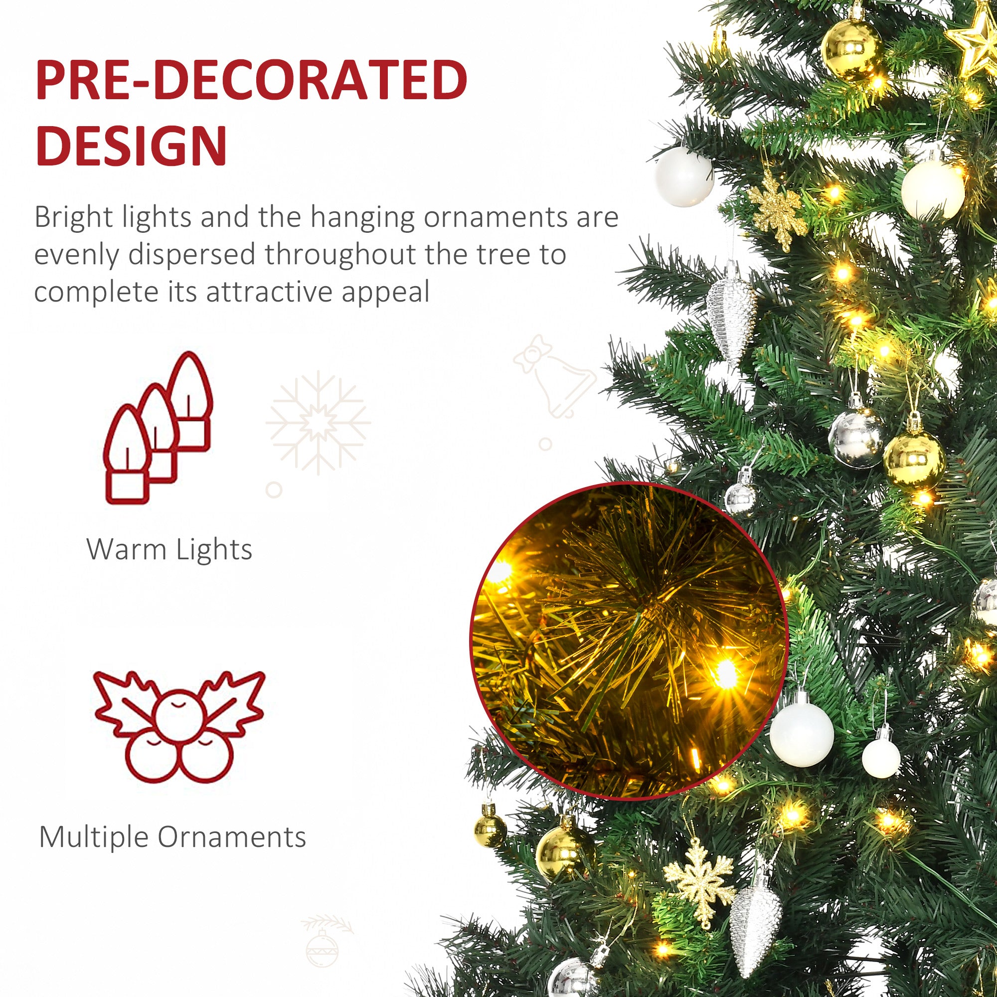 HOMCOM 1.8m 6ft Pre Lit Christmas Tree 200 LED Xmas Tree Holiday Décor with Decorative Balls Ornament Metal Stand