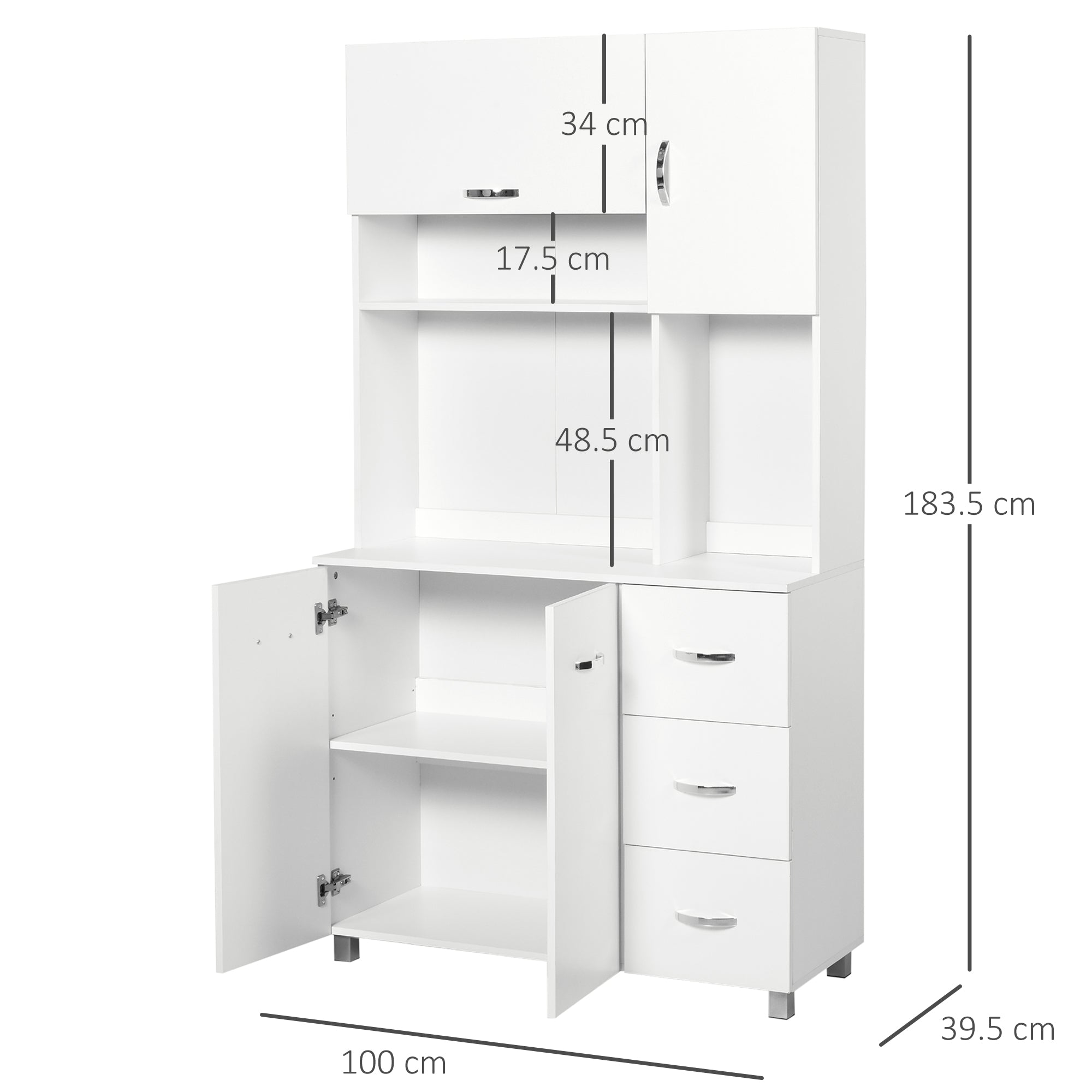 Kozy Kitchen Cupboard, 183cm Tall Storage Cabinet with Countertop, Sideboard with 3 Small Drawers, Flip Up Top Door, 3 Cabinet Doors and Open Shelves, 100W x 39.5D x 183.5H cm, White