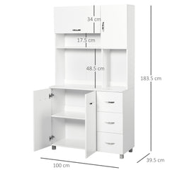Kozy Kitchen Cupboard, 183cm Tall Storage Cabinet with Countertop, Sideboard with 3 Small Drawers, Flip Up Top Door, 3 Cabinet Doors and Open Shelves, 100W x 39.5D x 183.5H cm, White