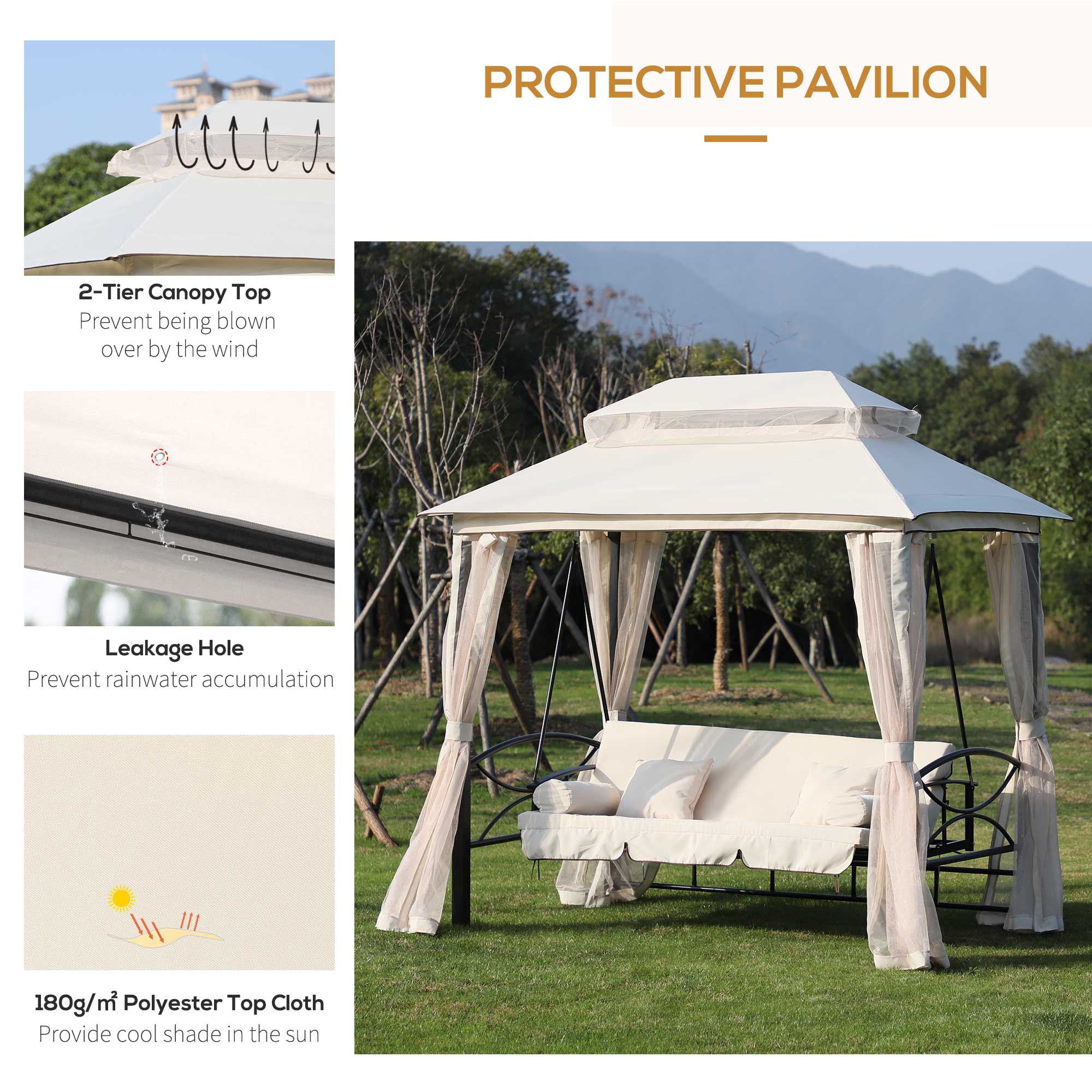 Kozy 2-in-1 Convertible Gazebo Swing Chair Bed W/Netting, 245Lx165Wx243H cm-Beige/Black