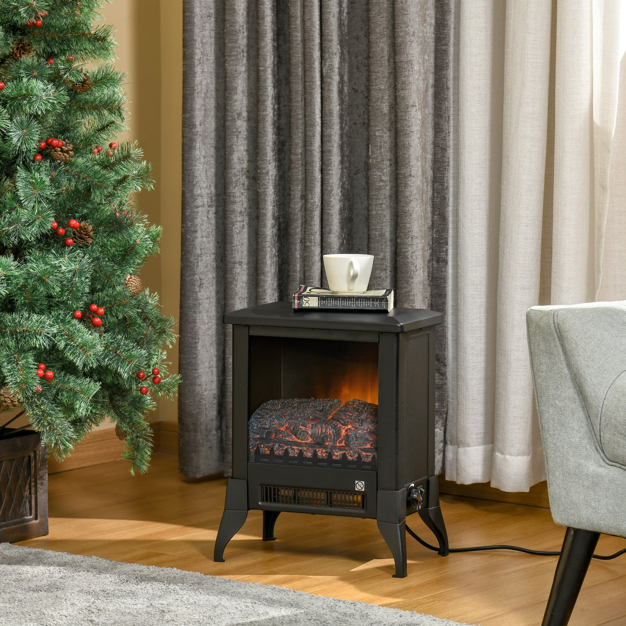 Kozy Electric Fireplace Stove, Free standing Fireplace Heater with Realistic Flame Effect, Adjustable Temperature and Overheat Protection, Black