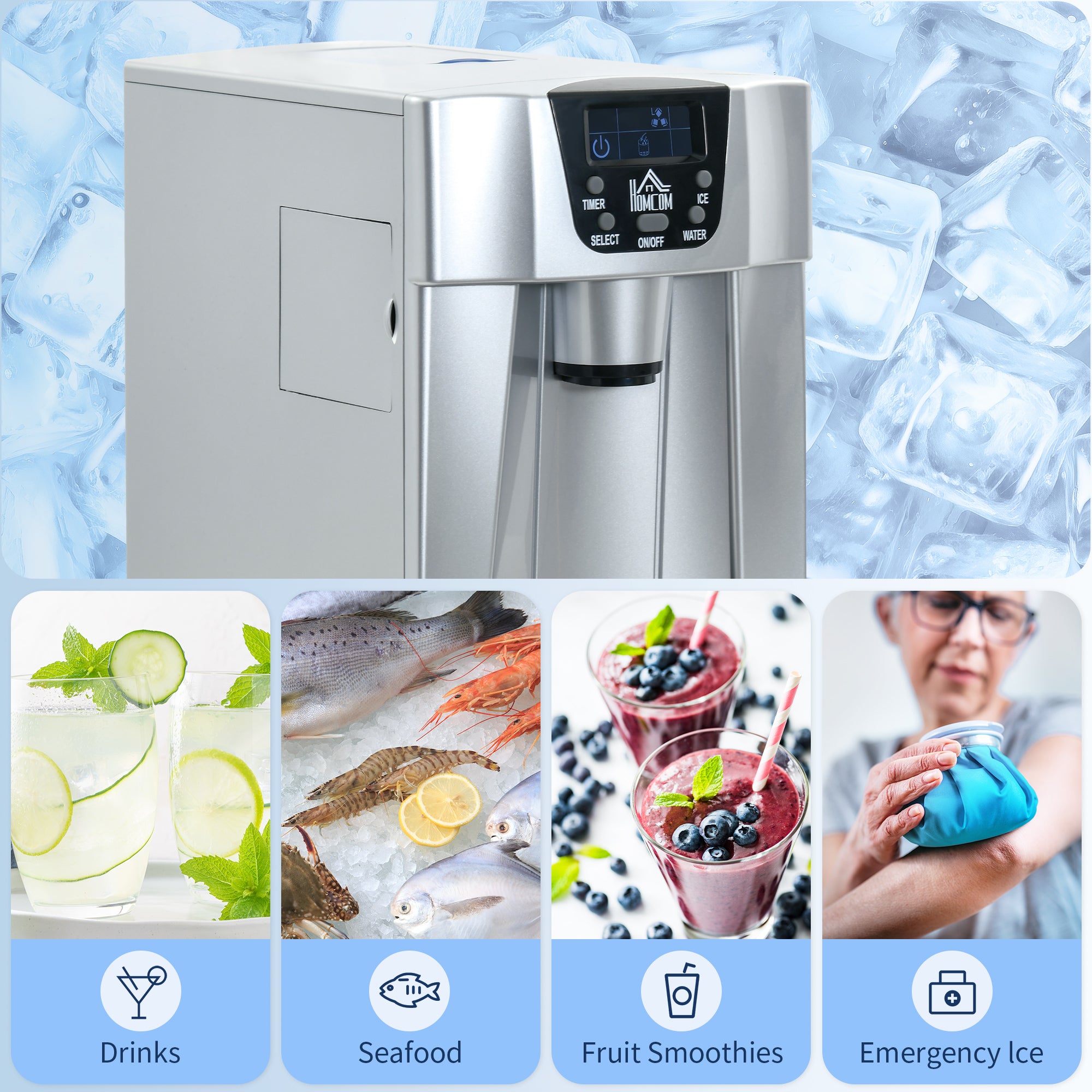 Kozy 3L Ice Maker Machine and Water Dispenser, 12kg in 24H, 2 Sizes 9 Ice Cubes Ready in 6-10 Mins Ice Machine, Silver