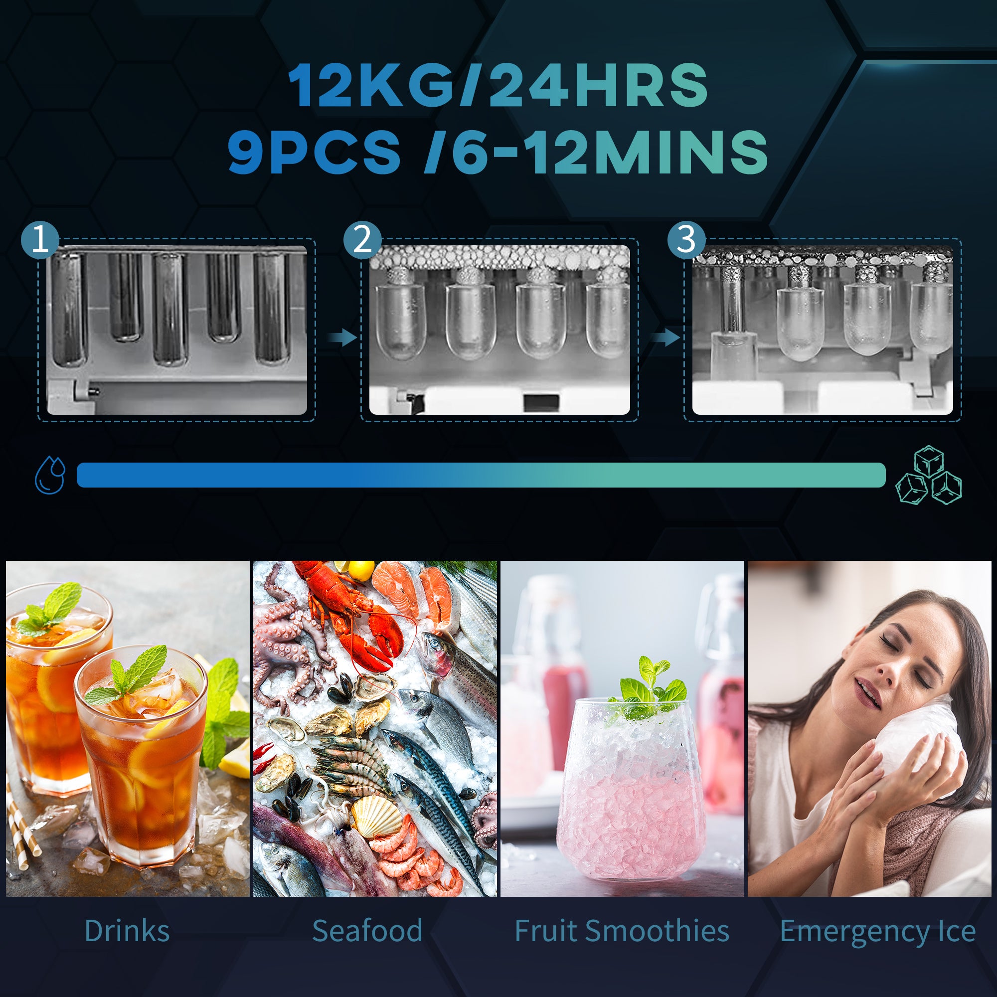Kozy - Ice Maker Machine Counter Top, 12Kg in 24 Hrs, 9 Cubes Ready in 6-12Mins, Portable Ice Cube Maker with Ice Scoop and Basket, Black