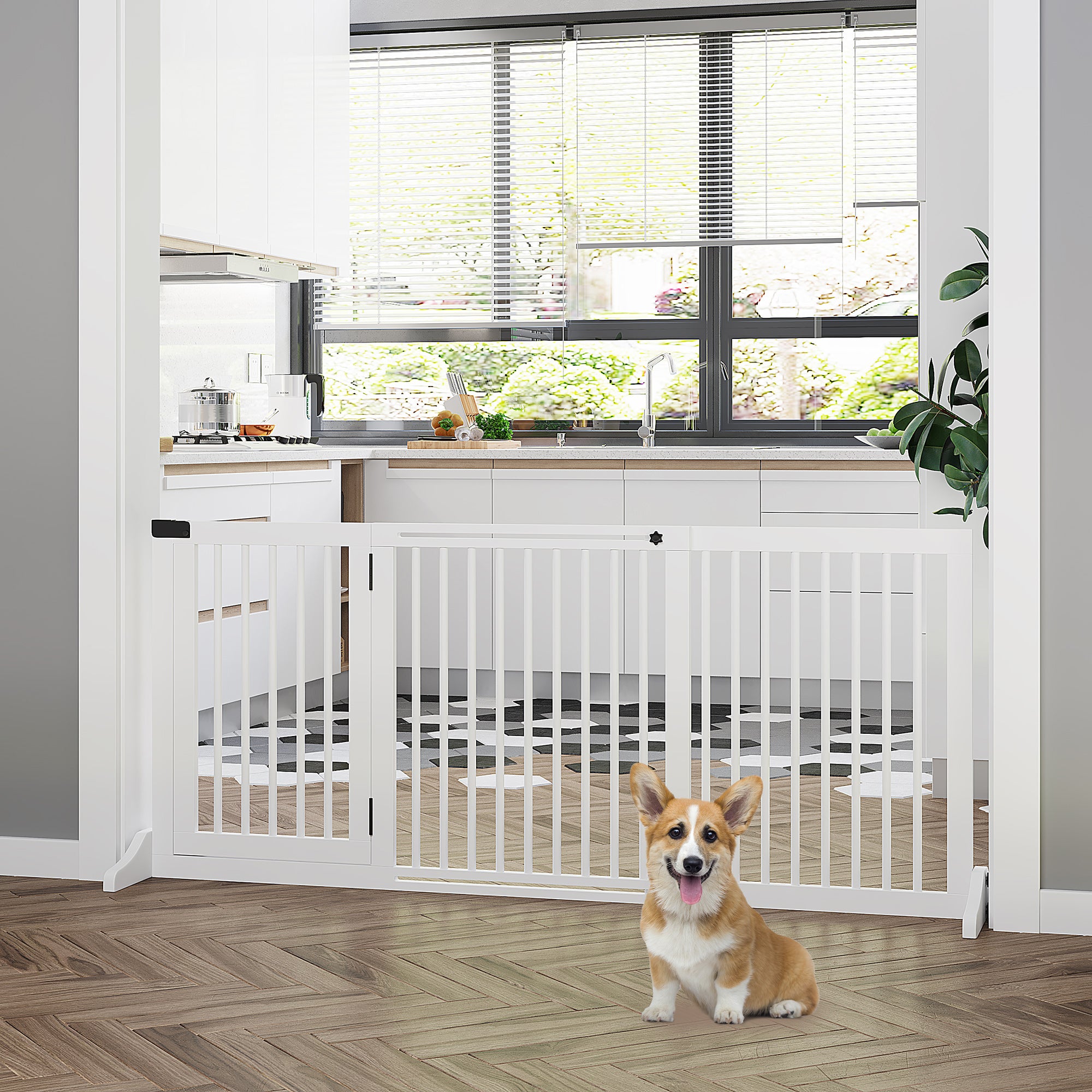 Kozy Wooden Dog Gate, Dog Fence Indoor, Freestanding Dog Barrier, Adjustable Lockable Fence with 3 Panels, 71H x 113-166W cm, White